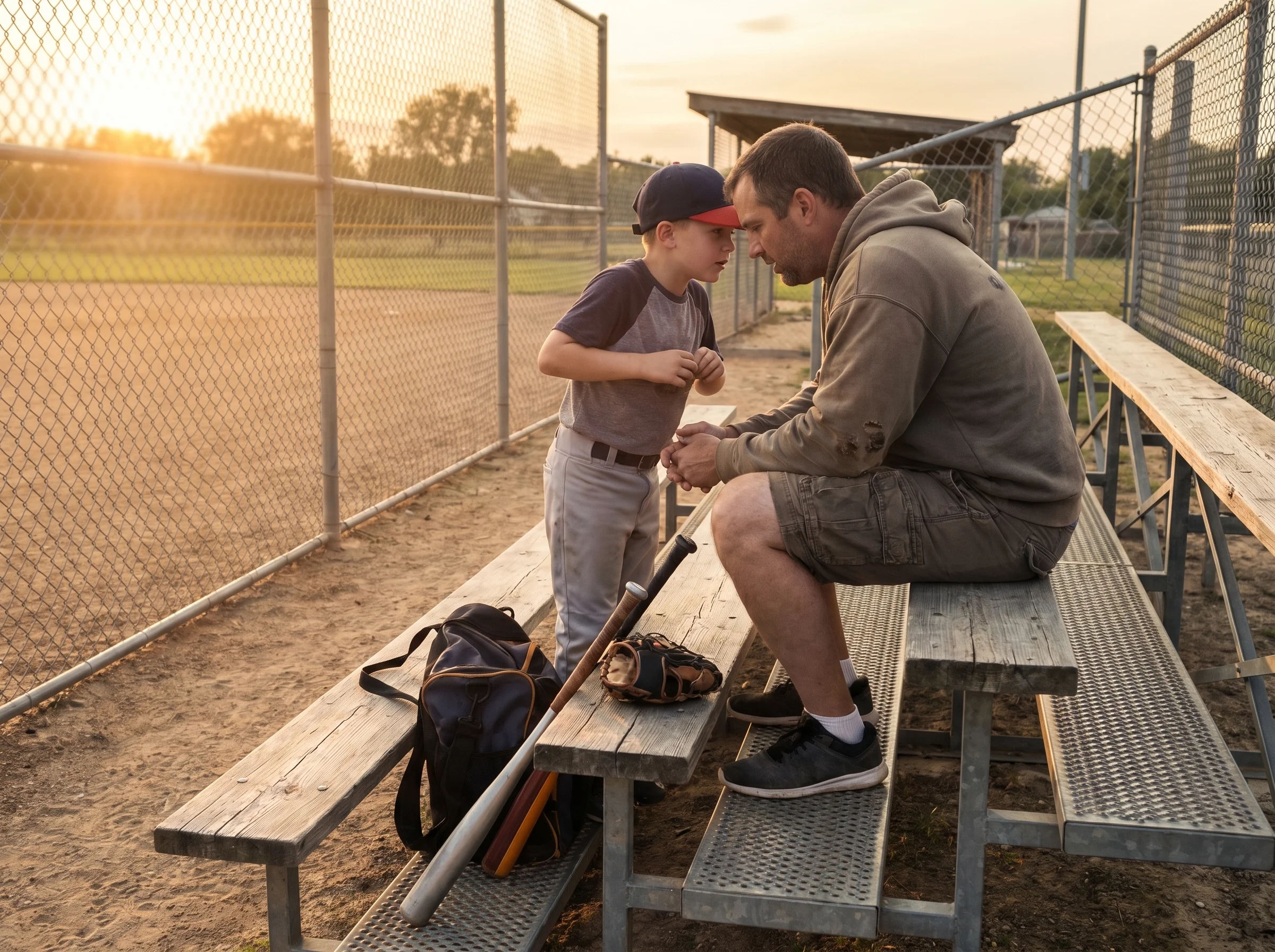A dad and son sitting on bleachers at an empty baseball field at sunset, talking quietly, both in casual clothes, bats and ge
