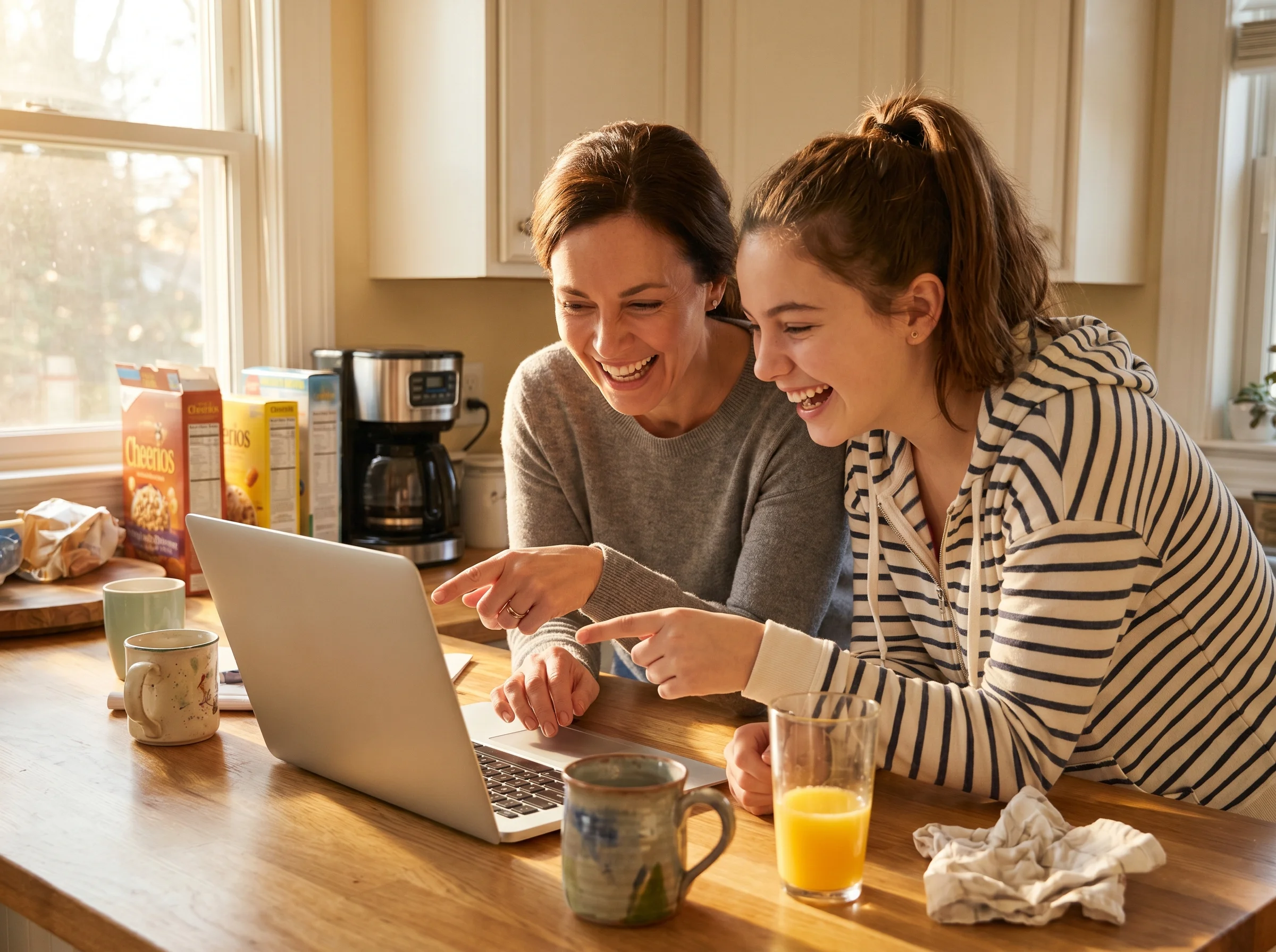 A mom sitting at the kitchen counter with a teenage daughter, both leaning over a laptop, laughing about something on the scr