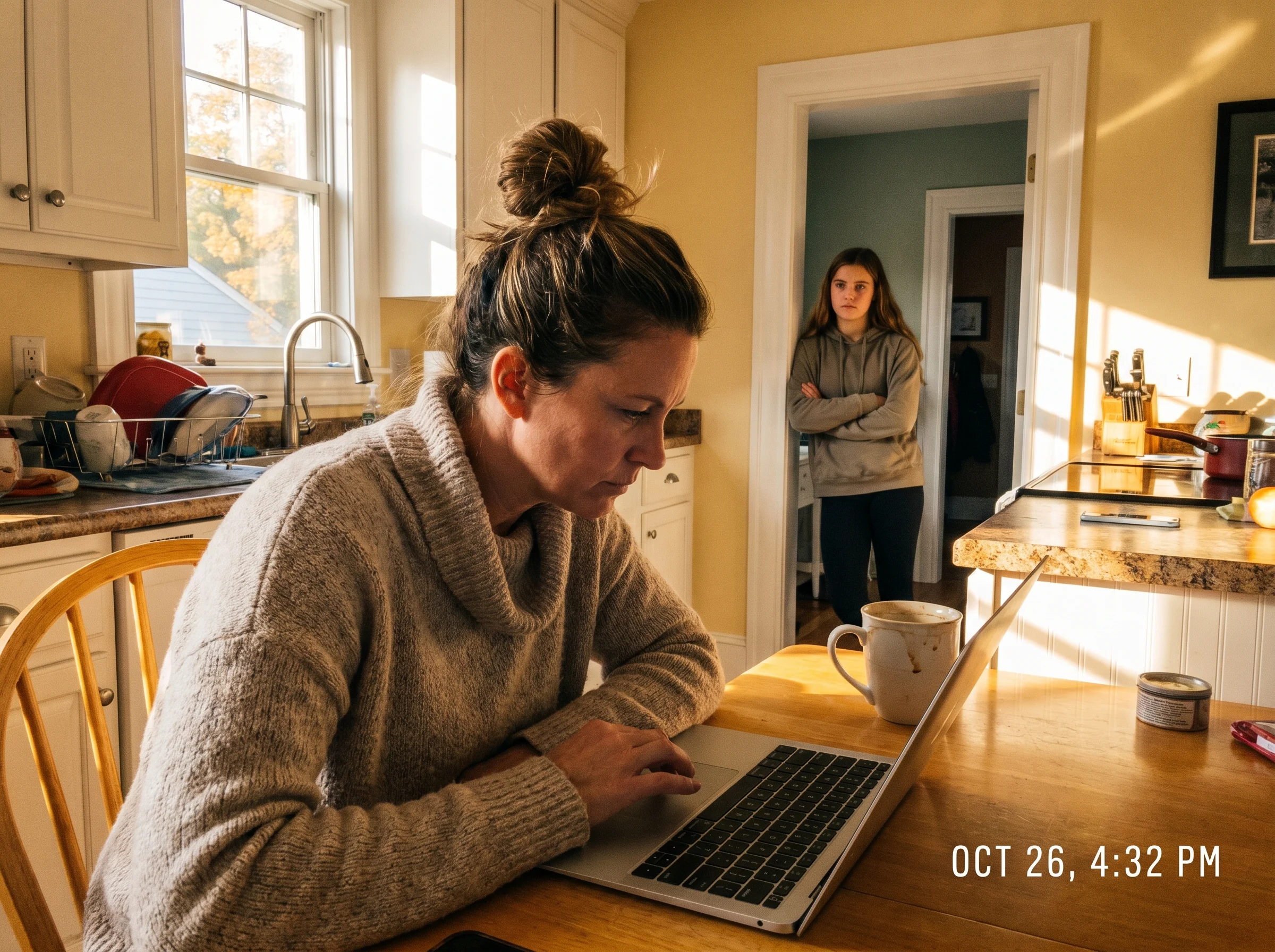 A mom looking at her laptop screen while a teenage daughter stands in the kitchen doorway, slight tension in the daughter's p