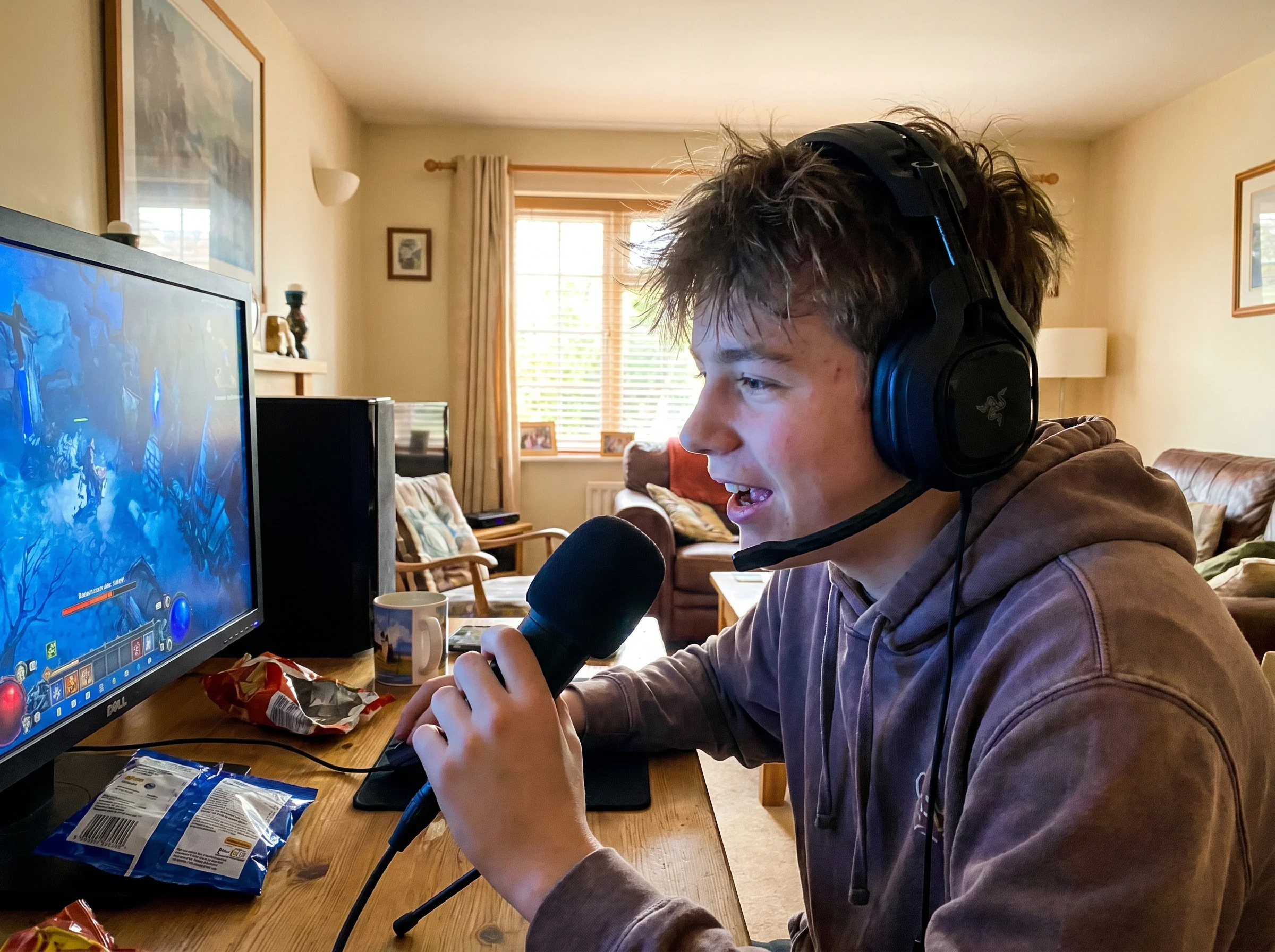 A boy wearing a gaming headset at a desk, mouth open mid-conversation, screen glow on his face, candid focused expression