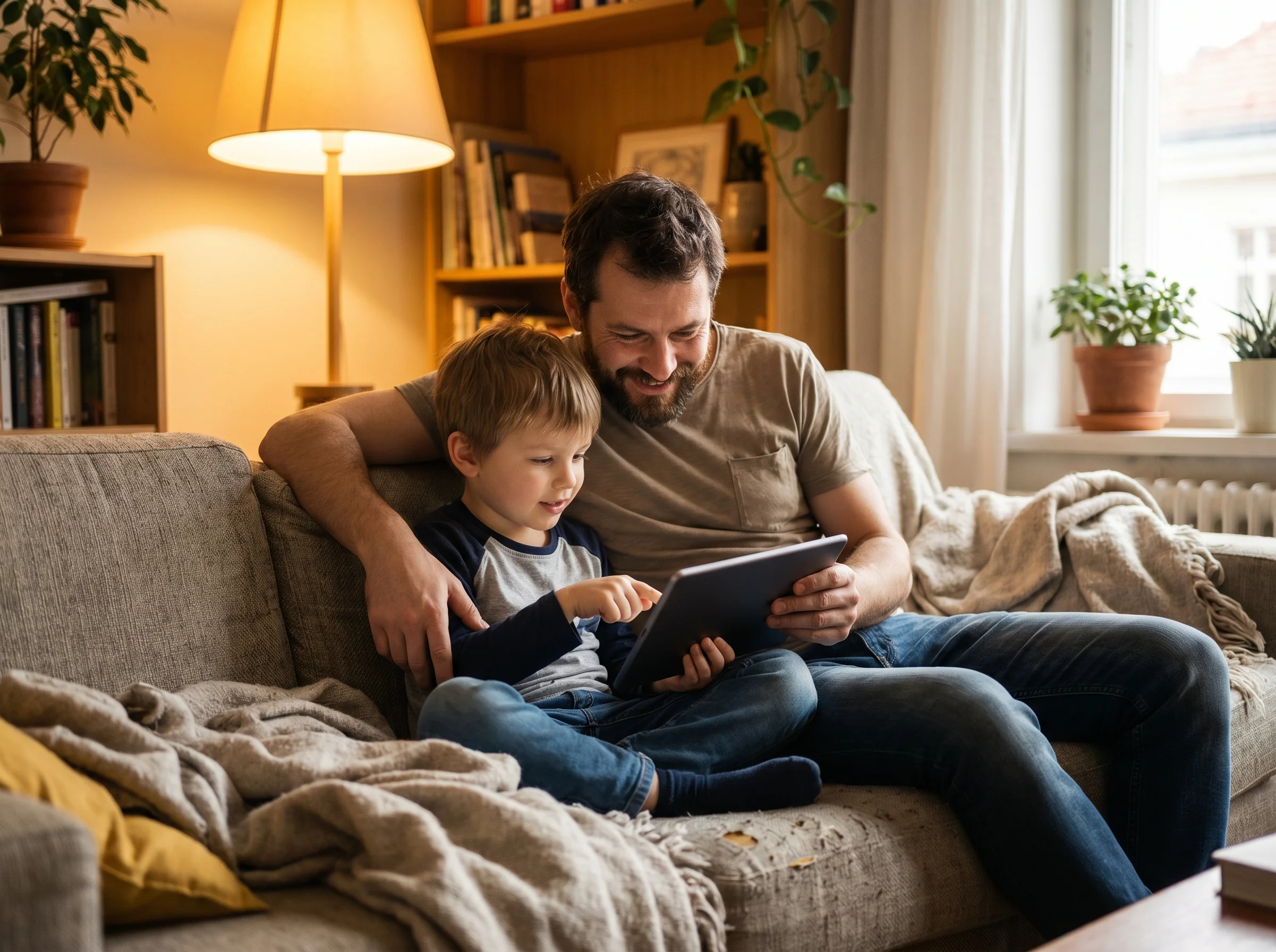 A dad and son sitting together on a couch, dad leaning in with genuine interest as son shows him something on a tablet, warm