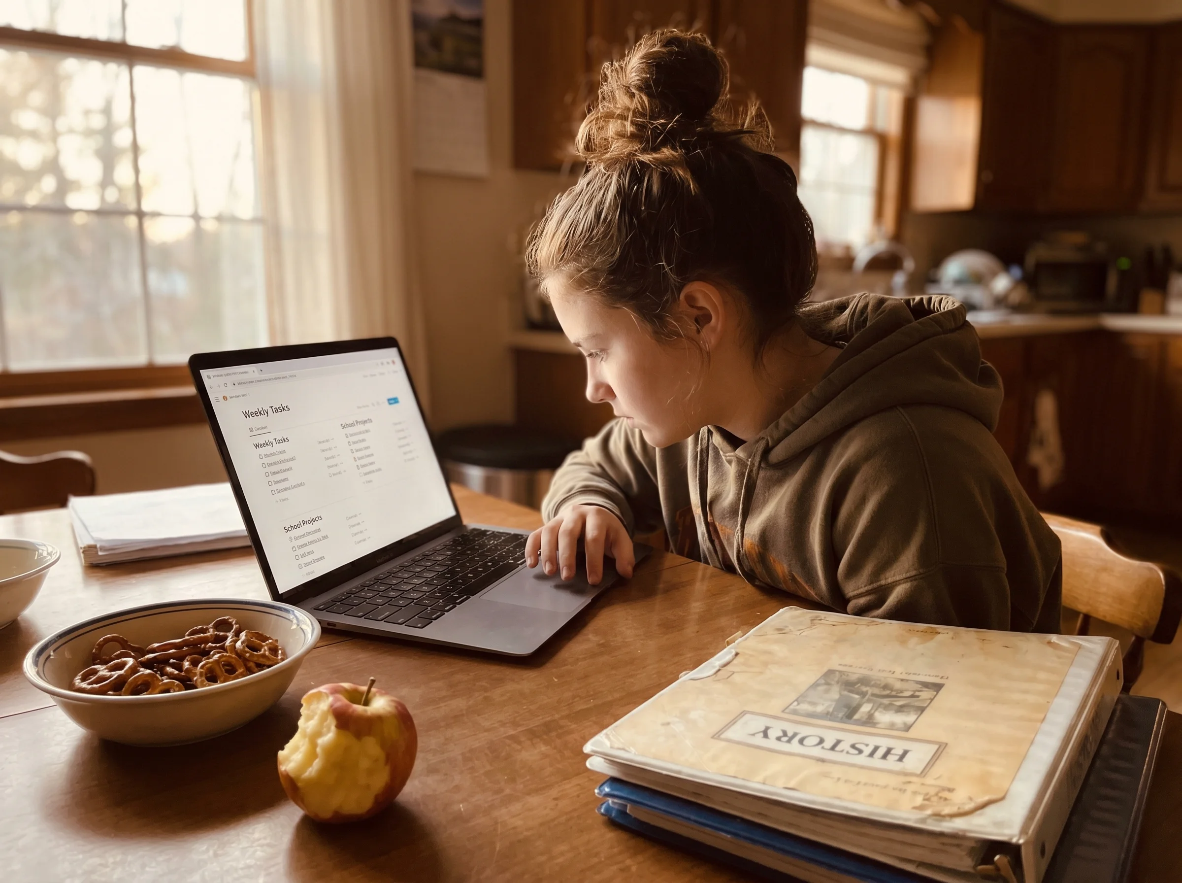 A teen working at a kitchen table on a laptop with a Notion-style dashboard visible, snacks and a school folder nearby, soft 
