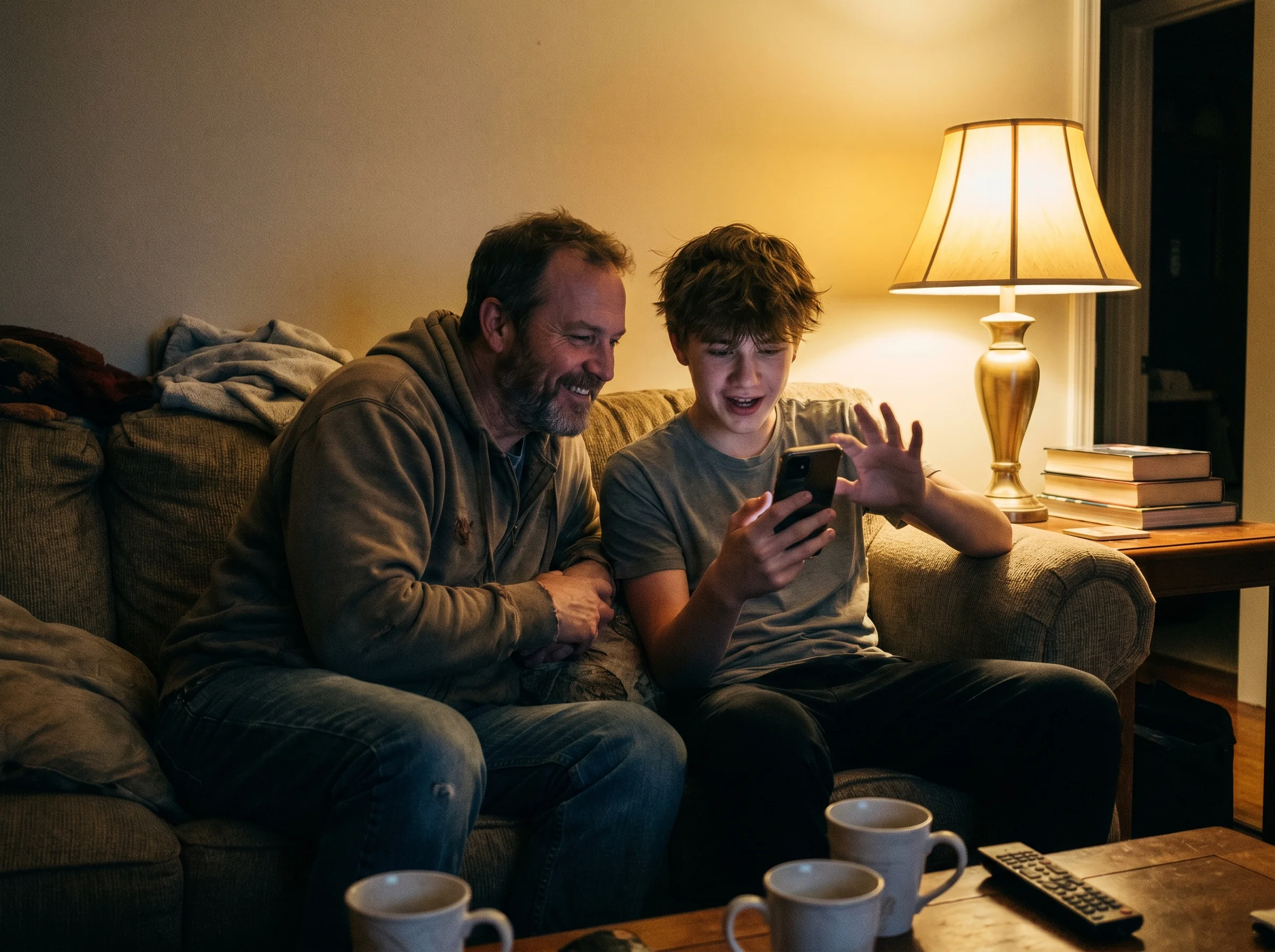A dad and his 13-year-old son sitting on a couch together, son pointing at his phone screen explaining something, dad genuine