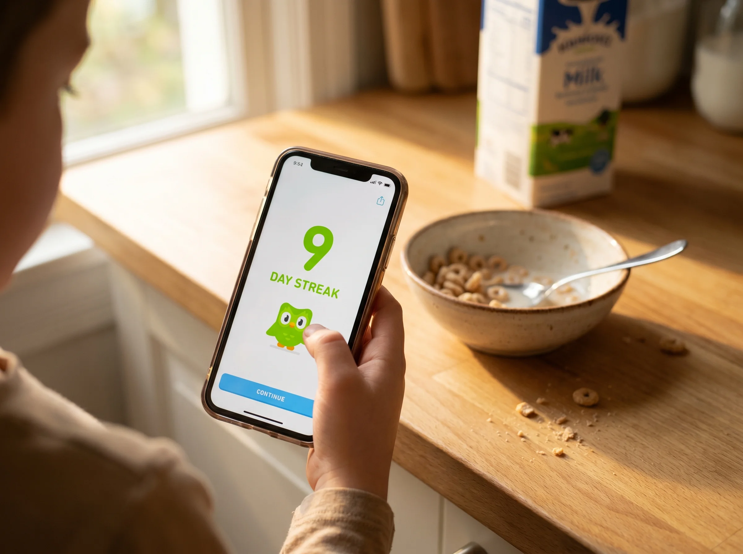 Close-up of a phone screen showing a Duolingo streak counter at day 9, held in a kid's hand on a kitchen counter, half-eaten 