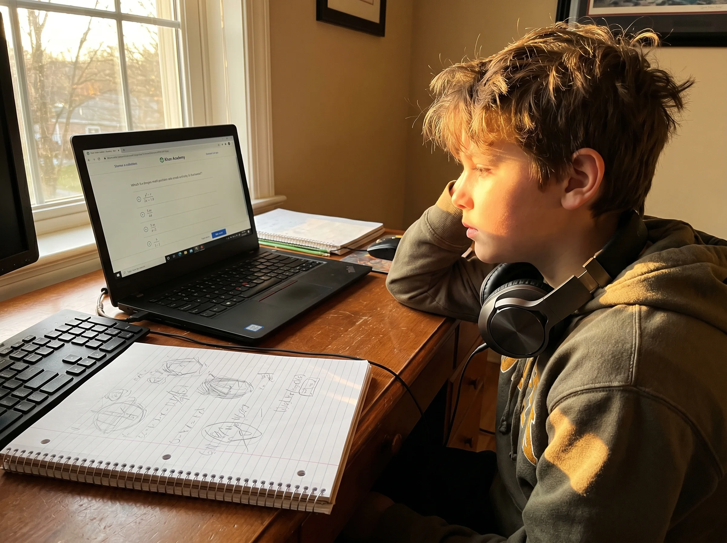 A 12-year-old boy at a desk with a laptop showing a Khan Academy math lesson, headphones around his neck, notebook with messy
