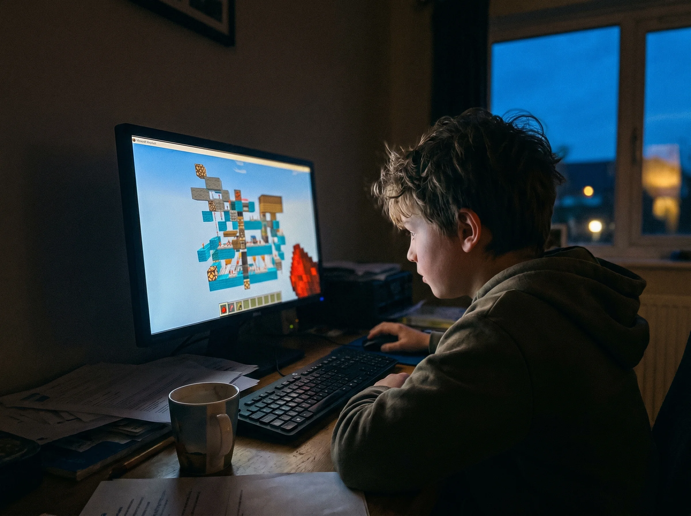 Over-the-shoulder shot of a boy building a complex redstone circuit in Minecraft on a desktop monitor, glowing screen reflect