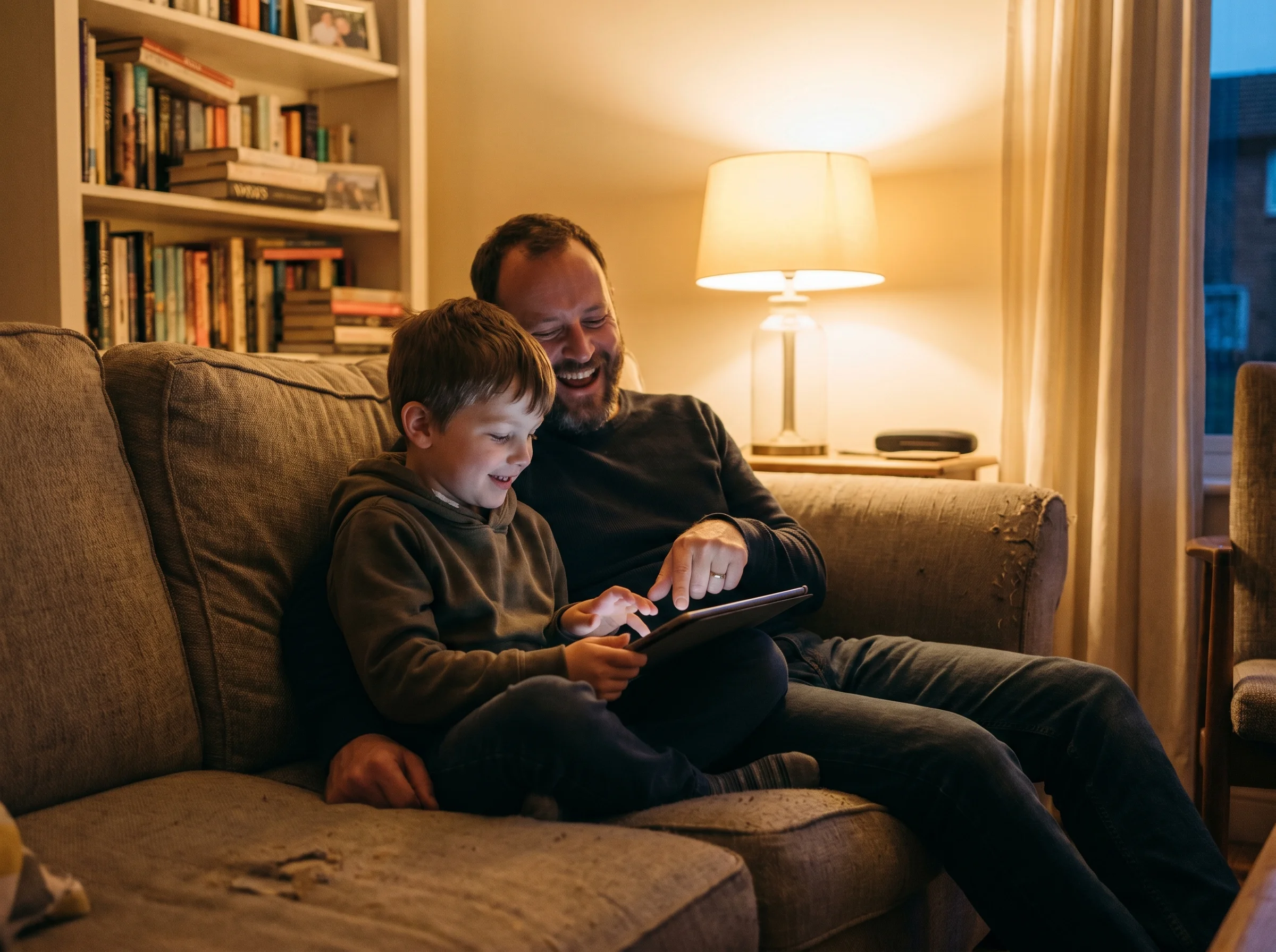 Dad and son sitting side by side on a couch, both looking at the son's tablet screen, dad pointing at something and laughing,