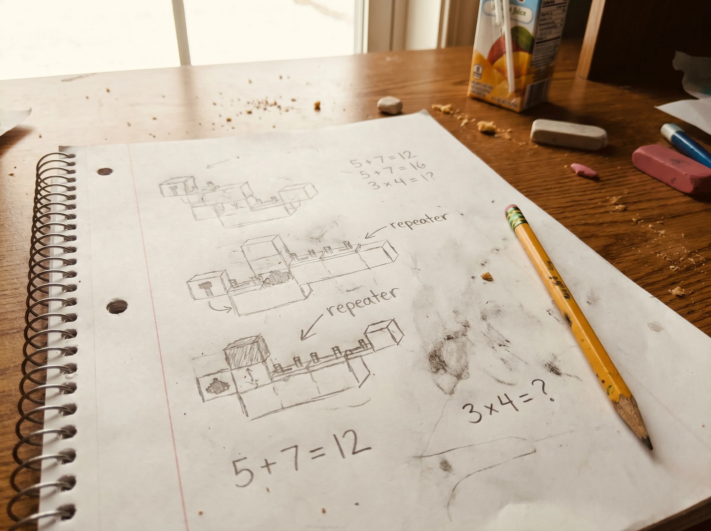 A kid's hand-drawn notebook page with sketches of Minecraft redstone circuits and math equations mixed together, pencil resti