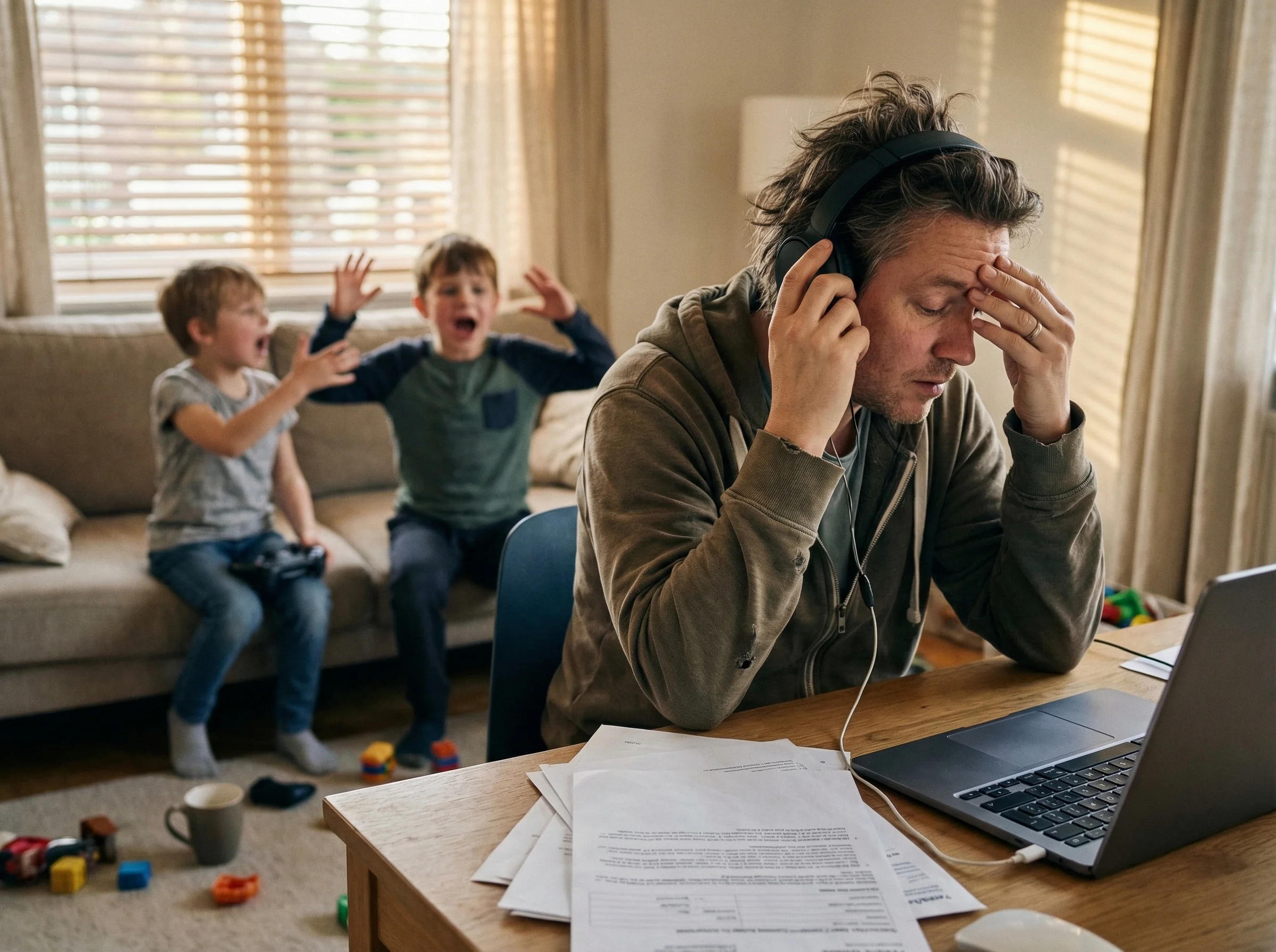 A parent at a home office desk with headphones half-off, looking exasperated while two kids argue loudly about a gaming contr