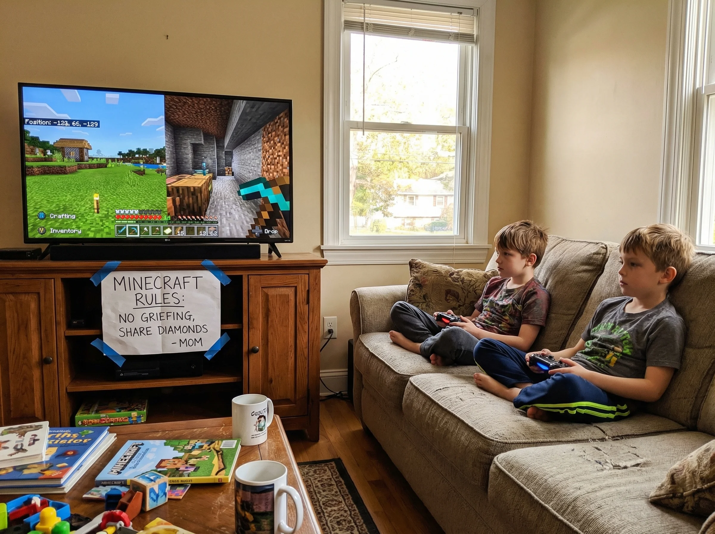 Two boys sitting on opposite ends of a couch, each with their own controller, playing Minecraft on a split screen, with a han