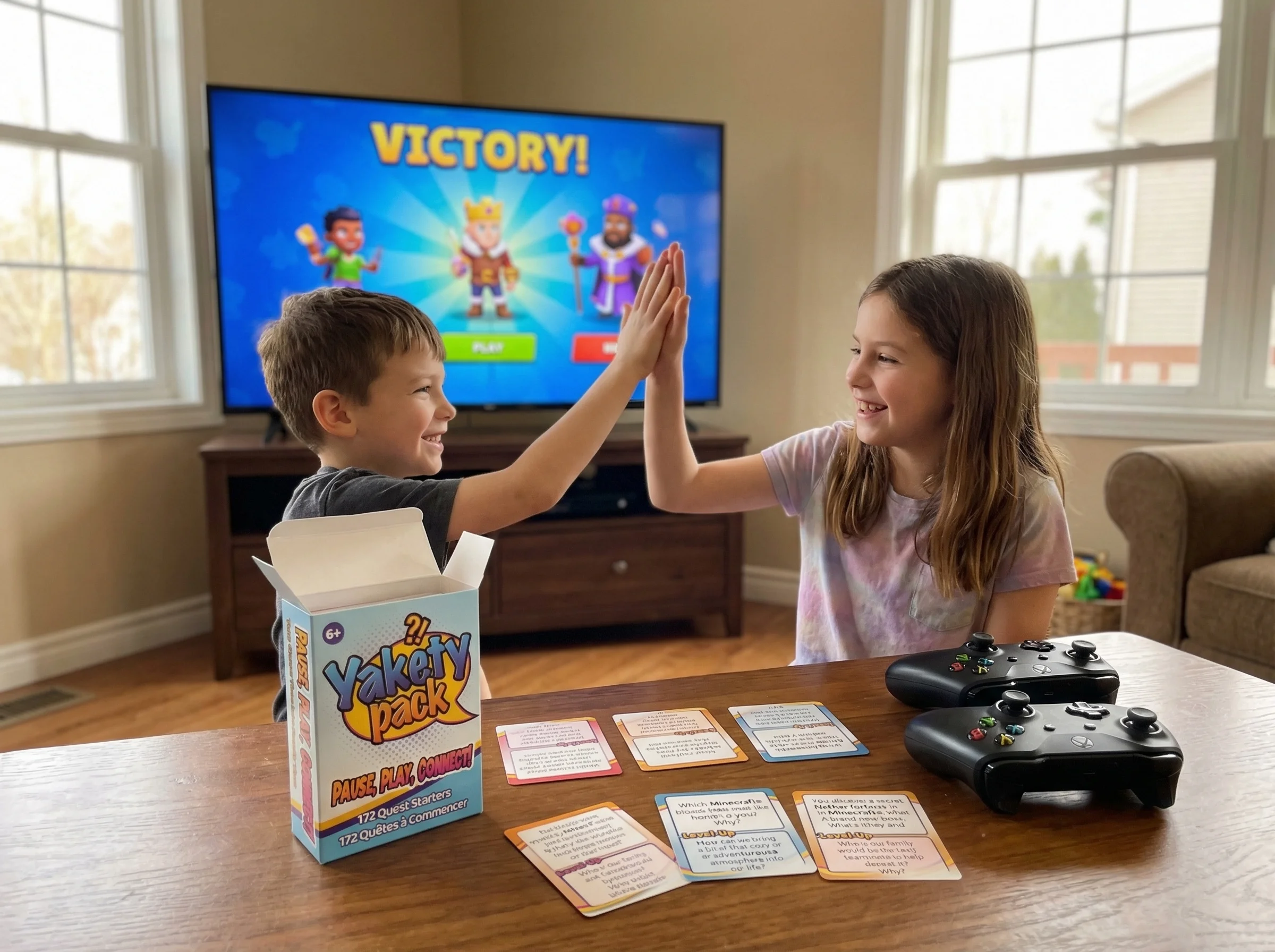 Kids high-fiving in front of a TV showing a victory screen, controllers on the coffee table next to Yakety Pack conversation