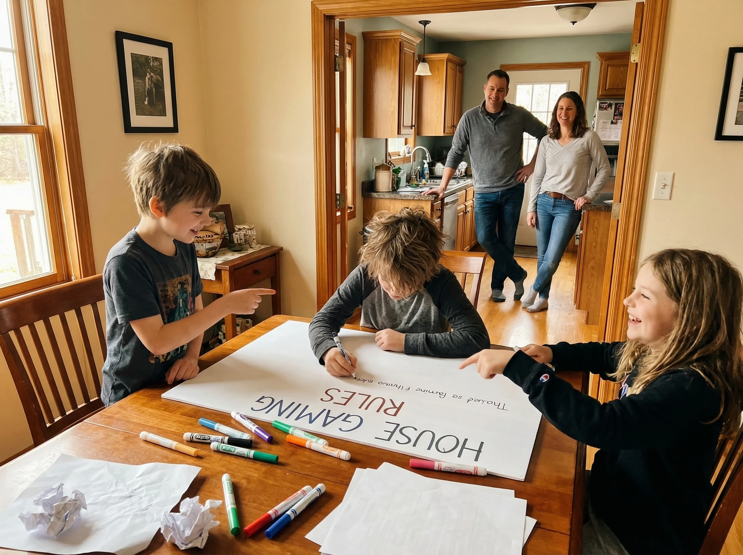 Kids around a dining table with markers and a large poster board, writing gaming rules together while parents observe from th