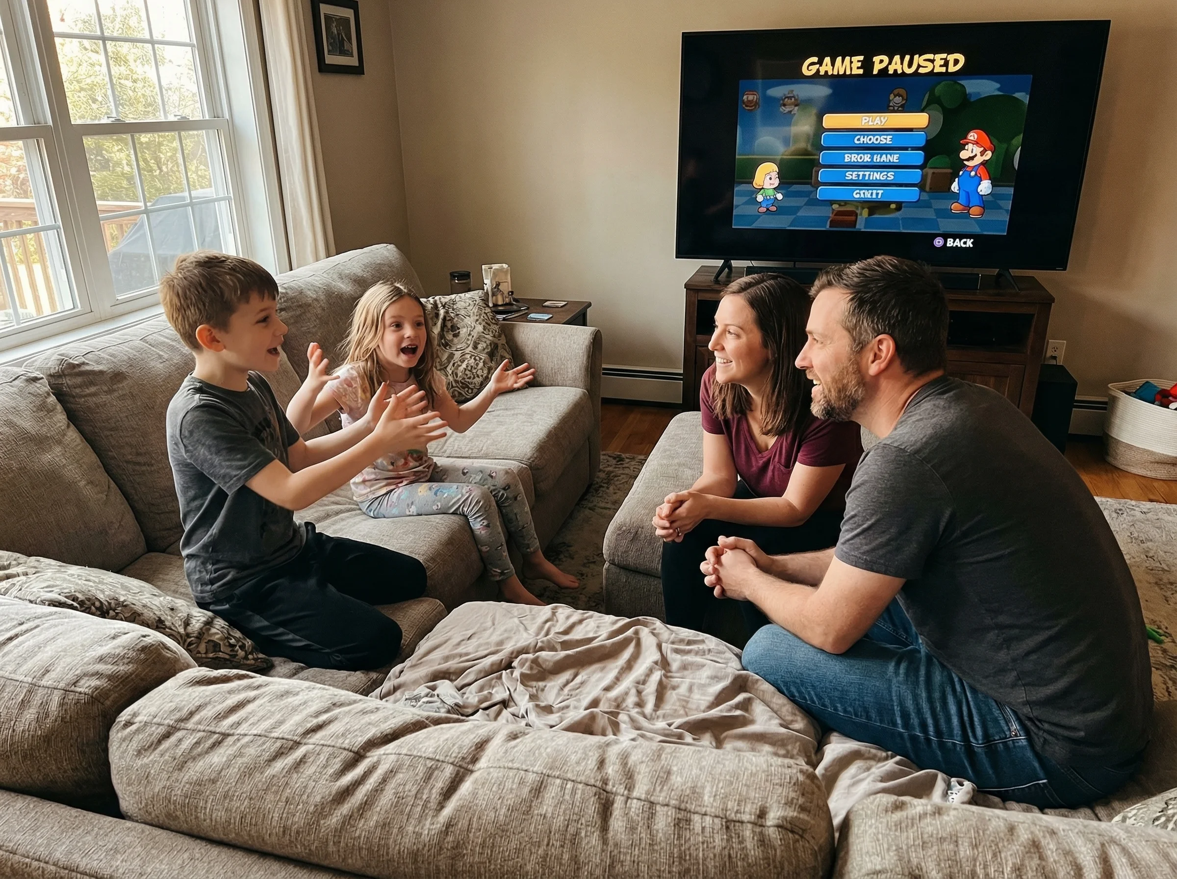 A family gathered on a couch, kids explaining something animatedly to listening parents, game paused on the TV screen behind