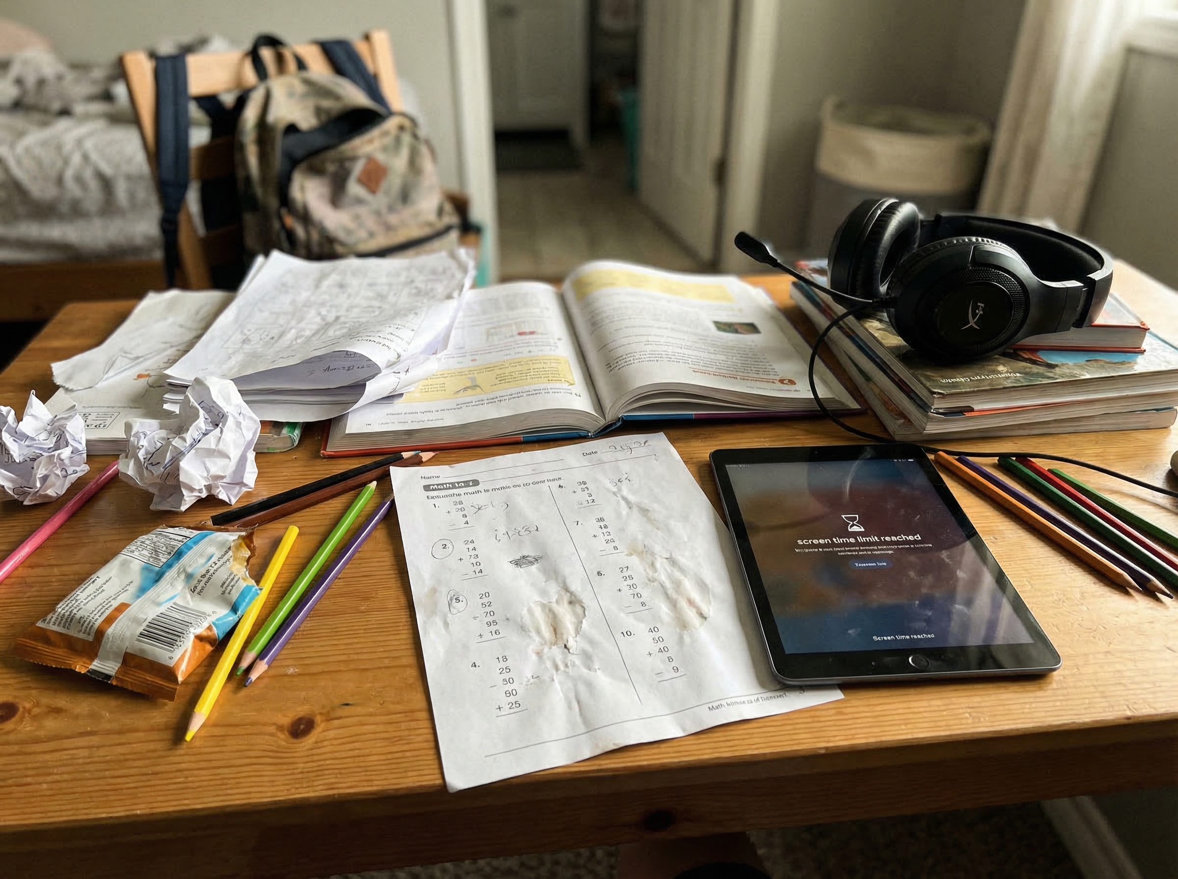 A messy kid's bedroom desk with homework scattered around, a gaming headset tossed aside, and tear stains on a math worksheet