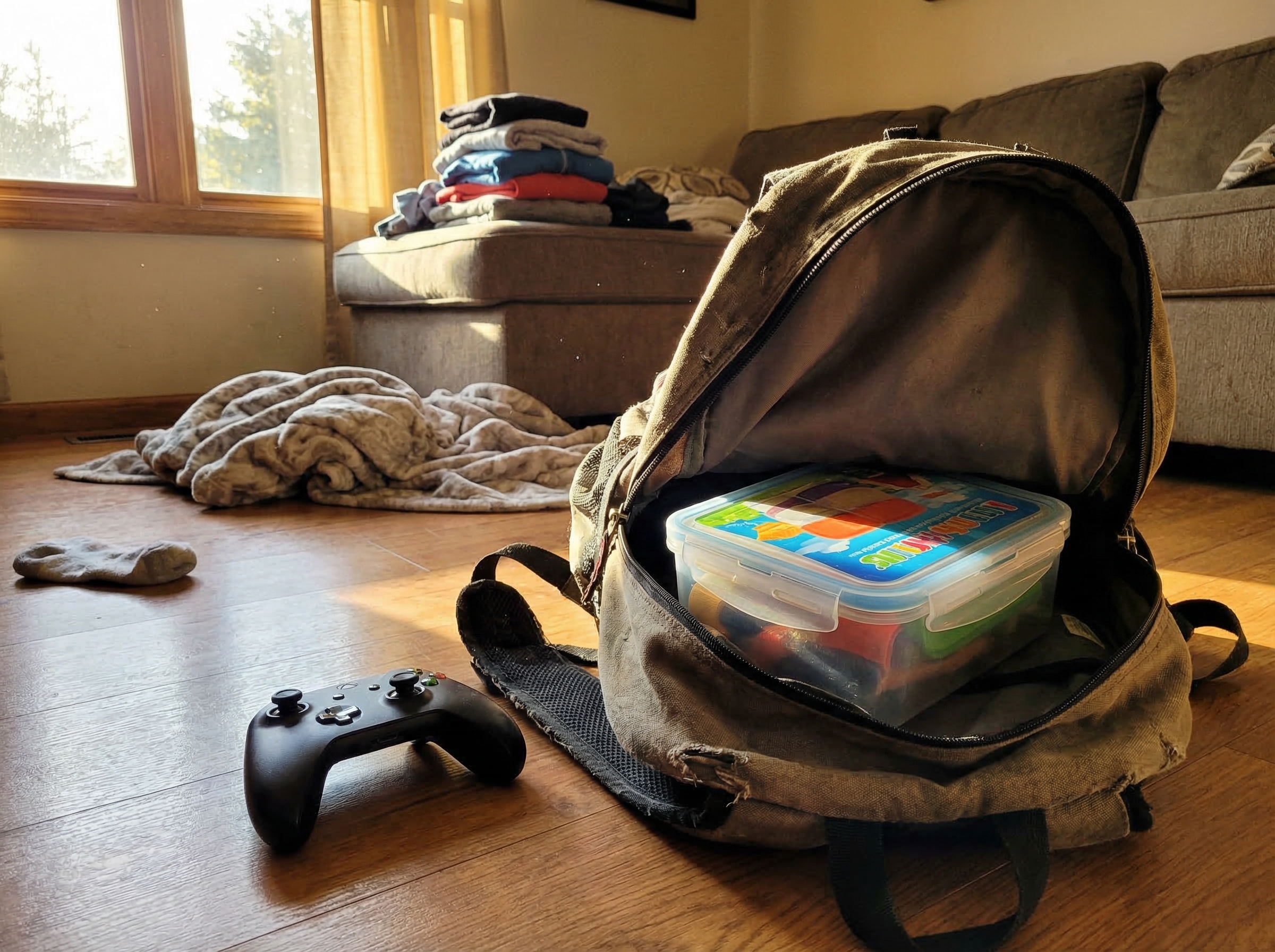 An unopened lunchbox sitting in a backpack next to a gaming controller, natural afternoon light coming through a window, show
