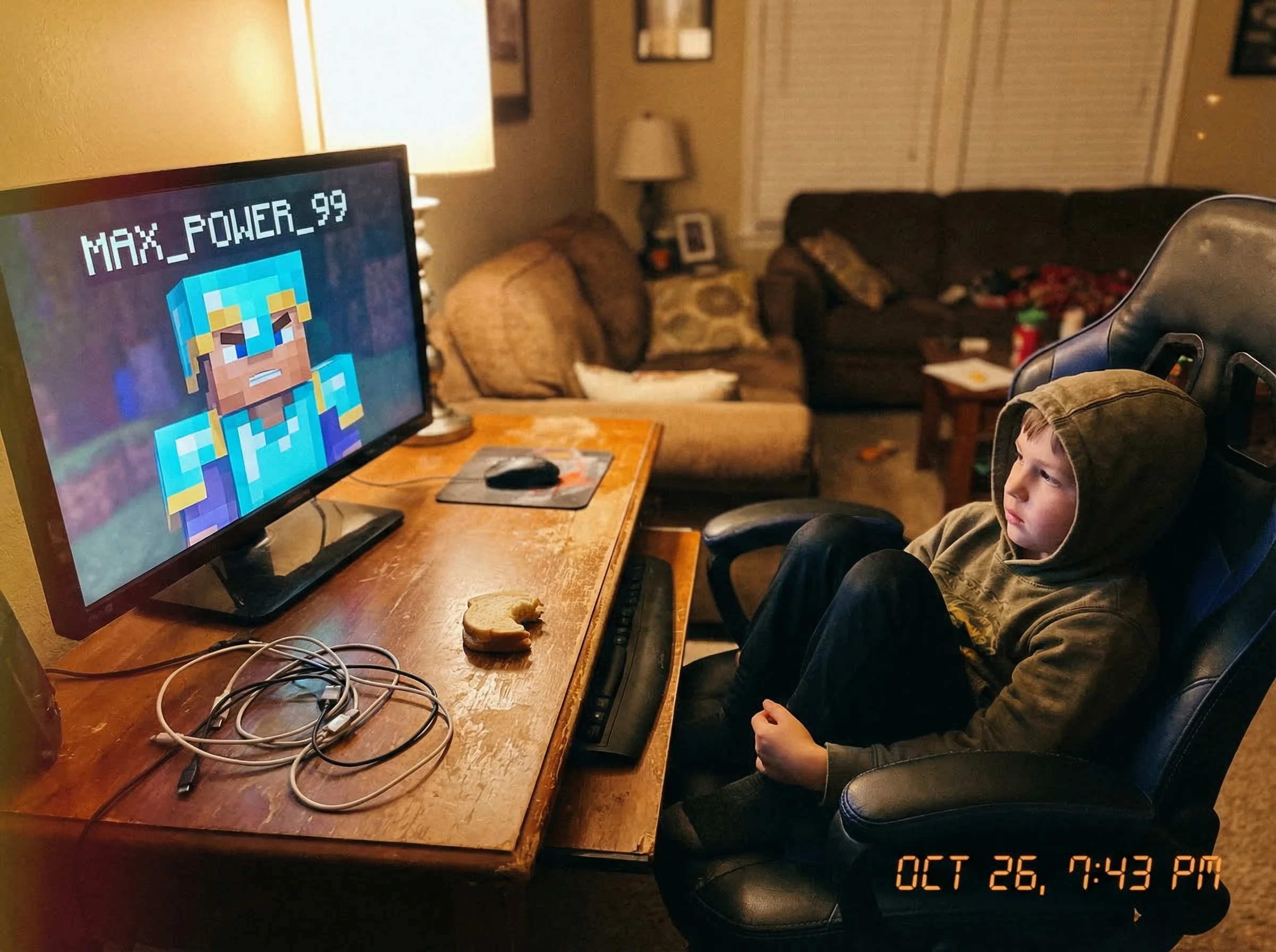 A split scene showing a confident kid avatar in bright Minecraft armor on one side of a computer screen, while the real kid s