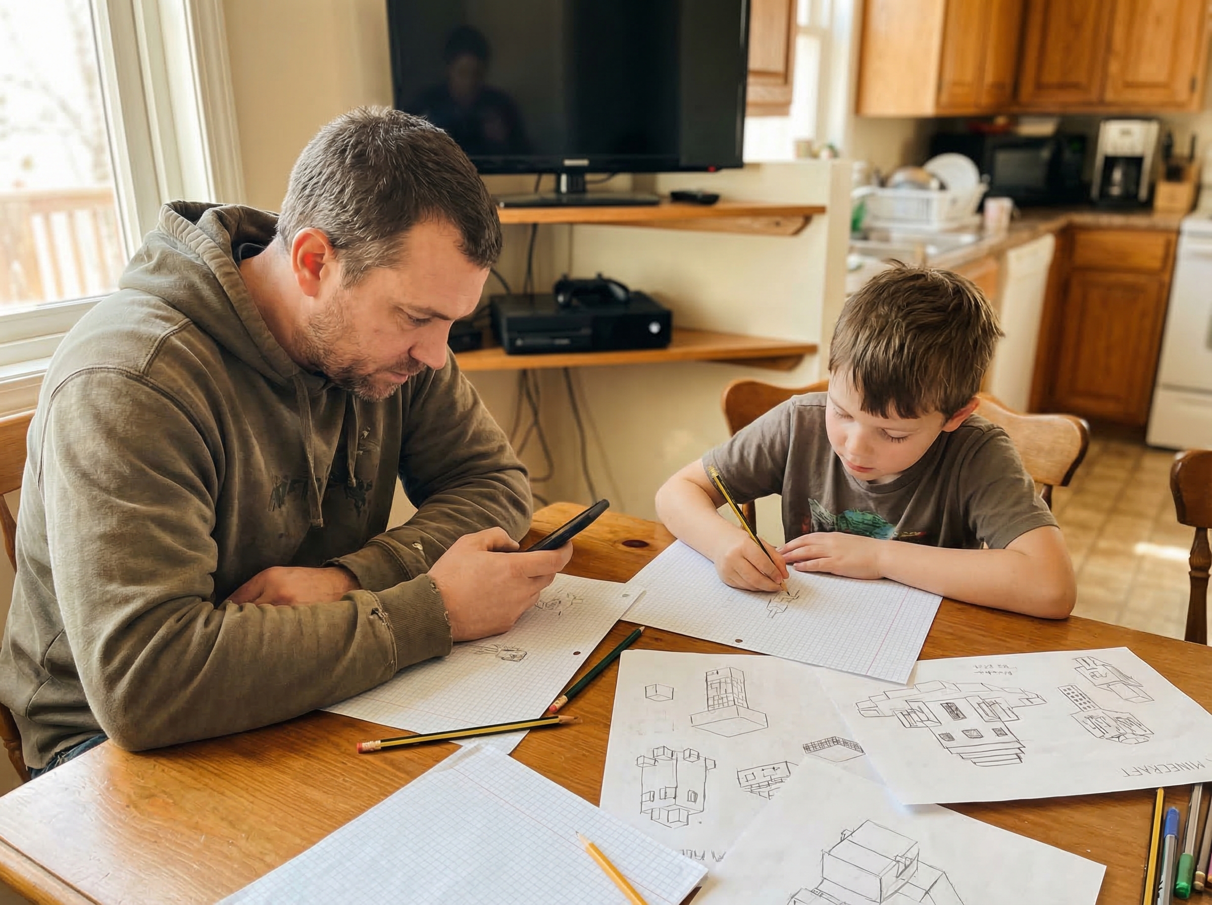 Father and son sitting side by side at the kitchen table, sketching Minecraft buildings on graph paper together, gaming conso