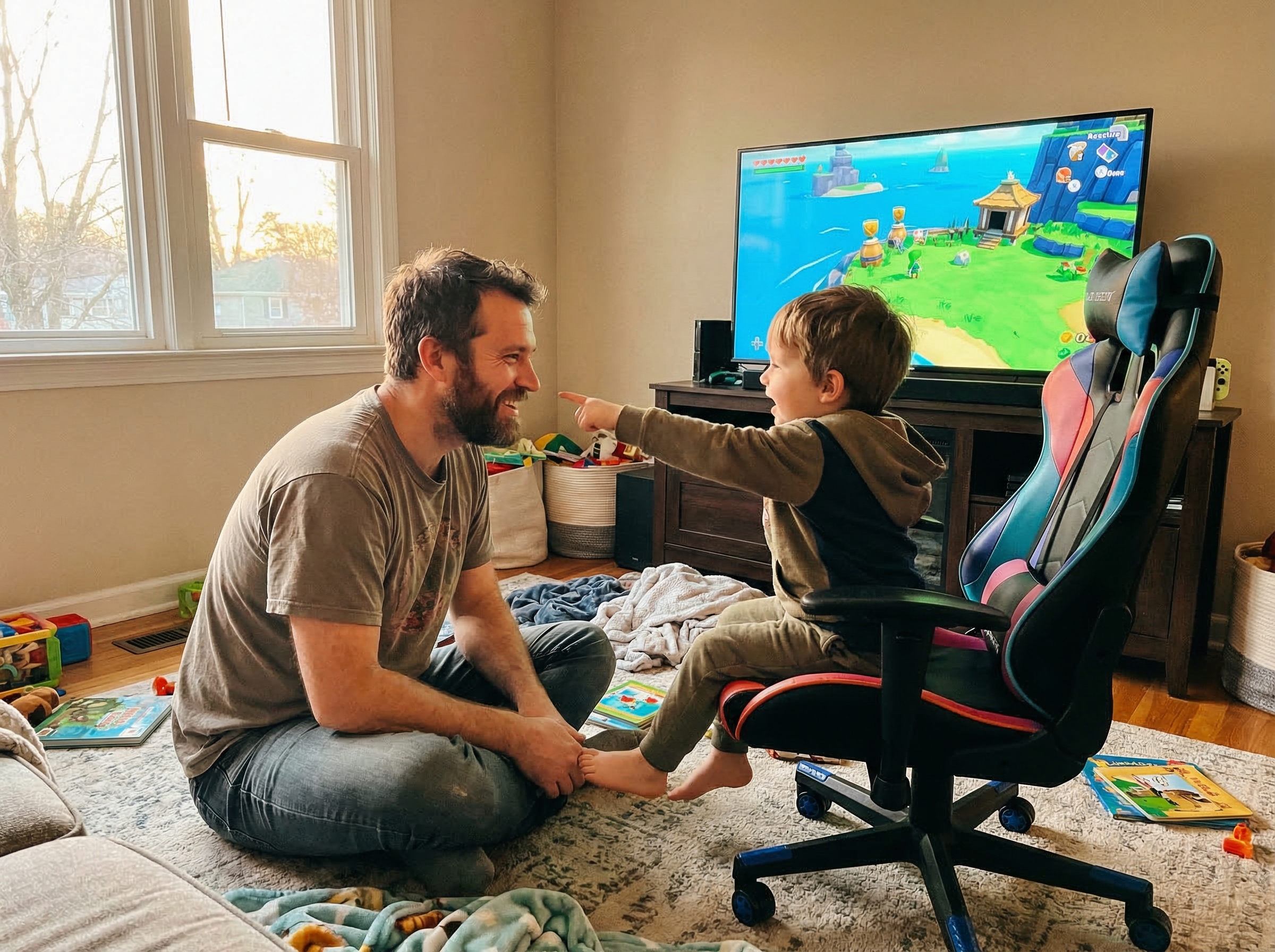 A warm family moment with dad sitting on the floor next to kid's gaming chair, both looking at the screen together, kid excit