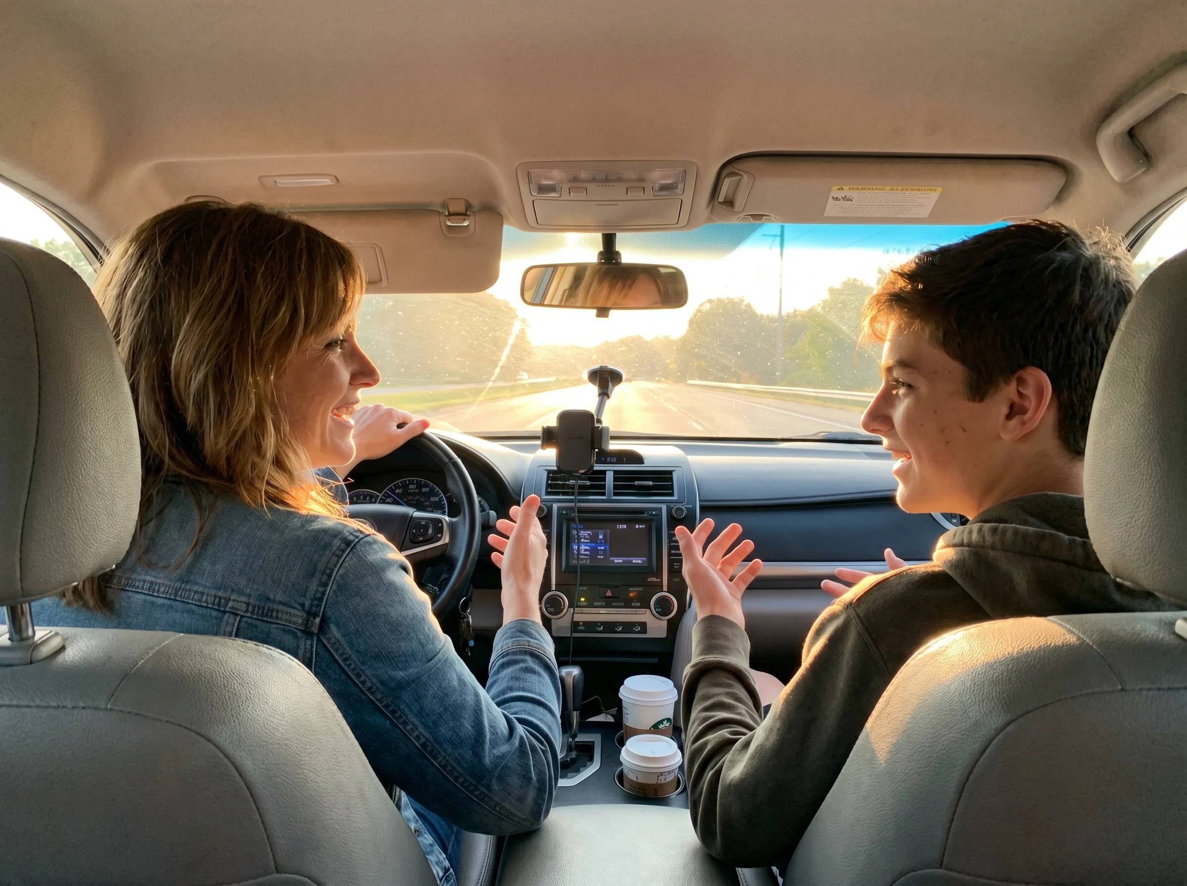 A mom and her teenage son in the front seats of a car, mid-conversation, late afternoon light, casual and candid