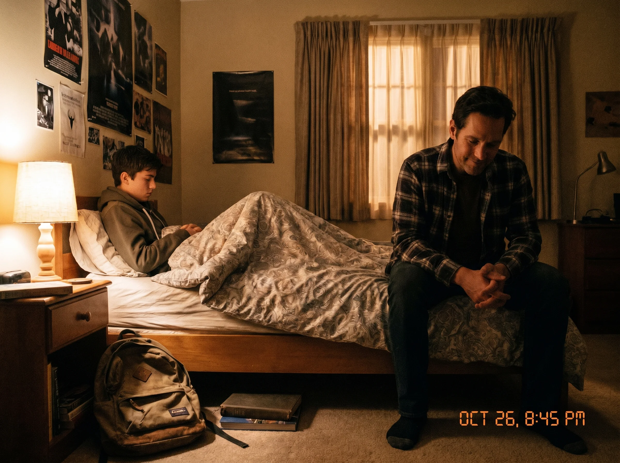 A teenage boy lying on his bed facing the wall, dim bedroom lighting, dad sitting on the edge of the bed quietly