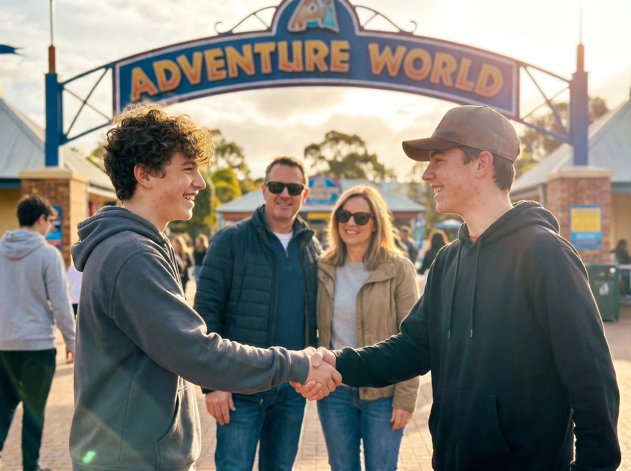 Two teenage boys meeting for the first time at a theme park entrance, big grins, parents standing slightly behind them, sunny