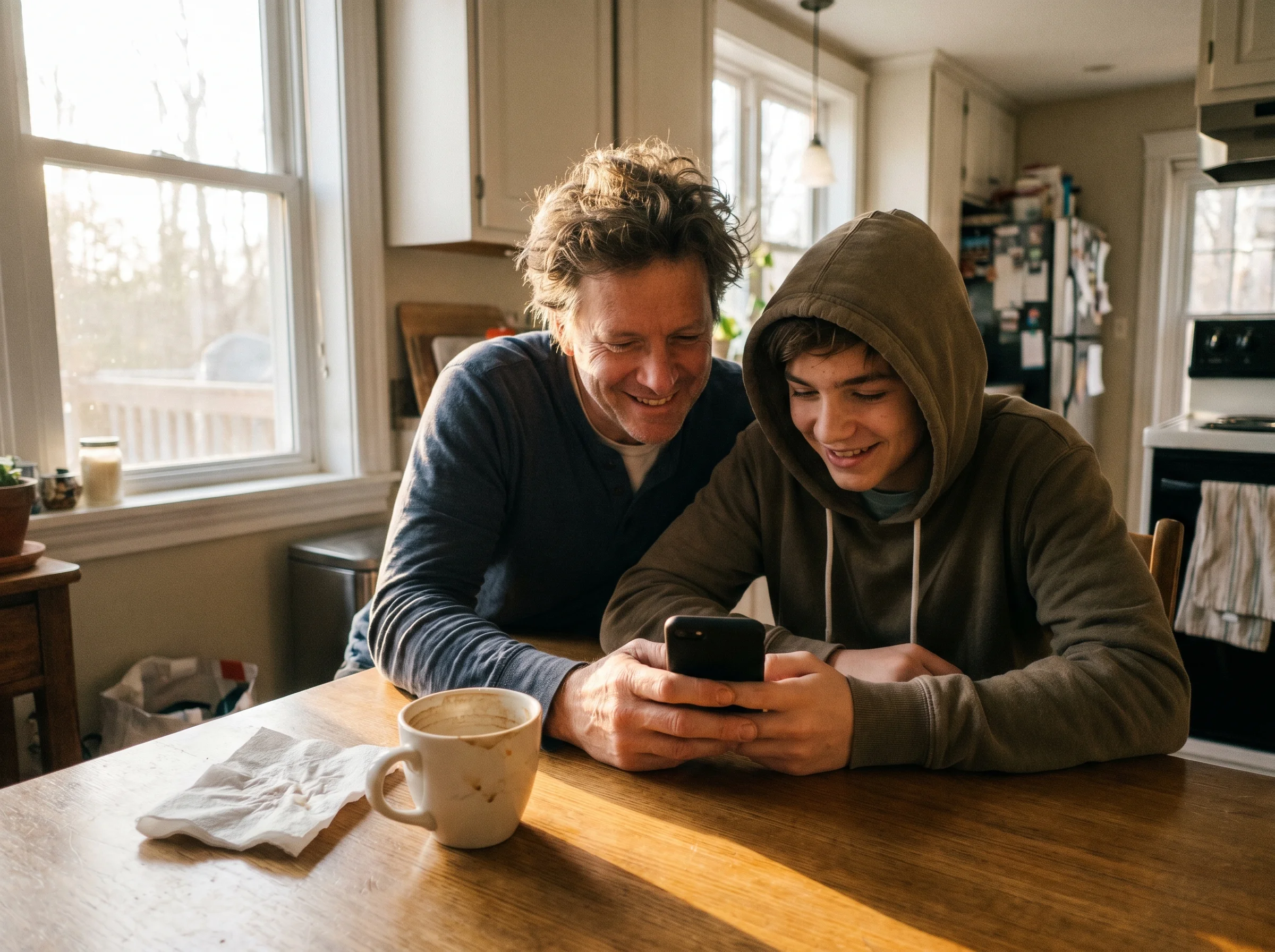A parent and teenage kid sitting at a kitchen table together looking at a phone, soft morning light, coffee mug on the table
