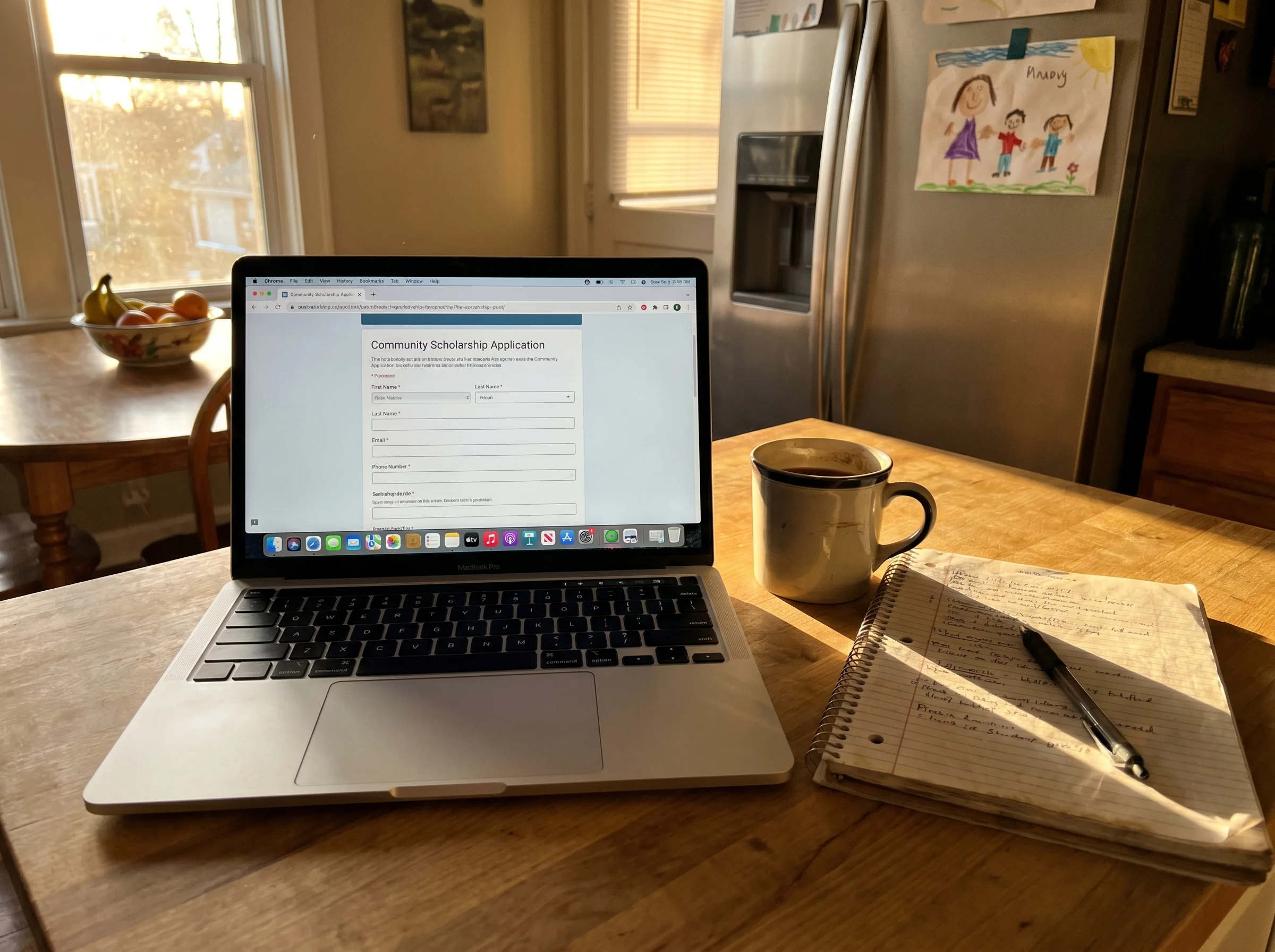 A laptop on a kitchen counter showing a scholarship signup form, with a coffee mug and a notebook nearby, natural afternoon l