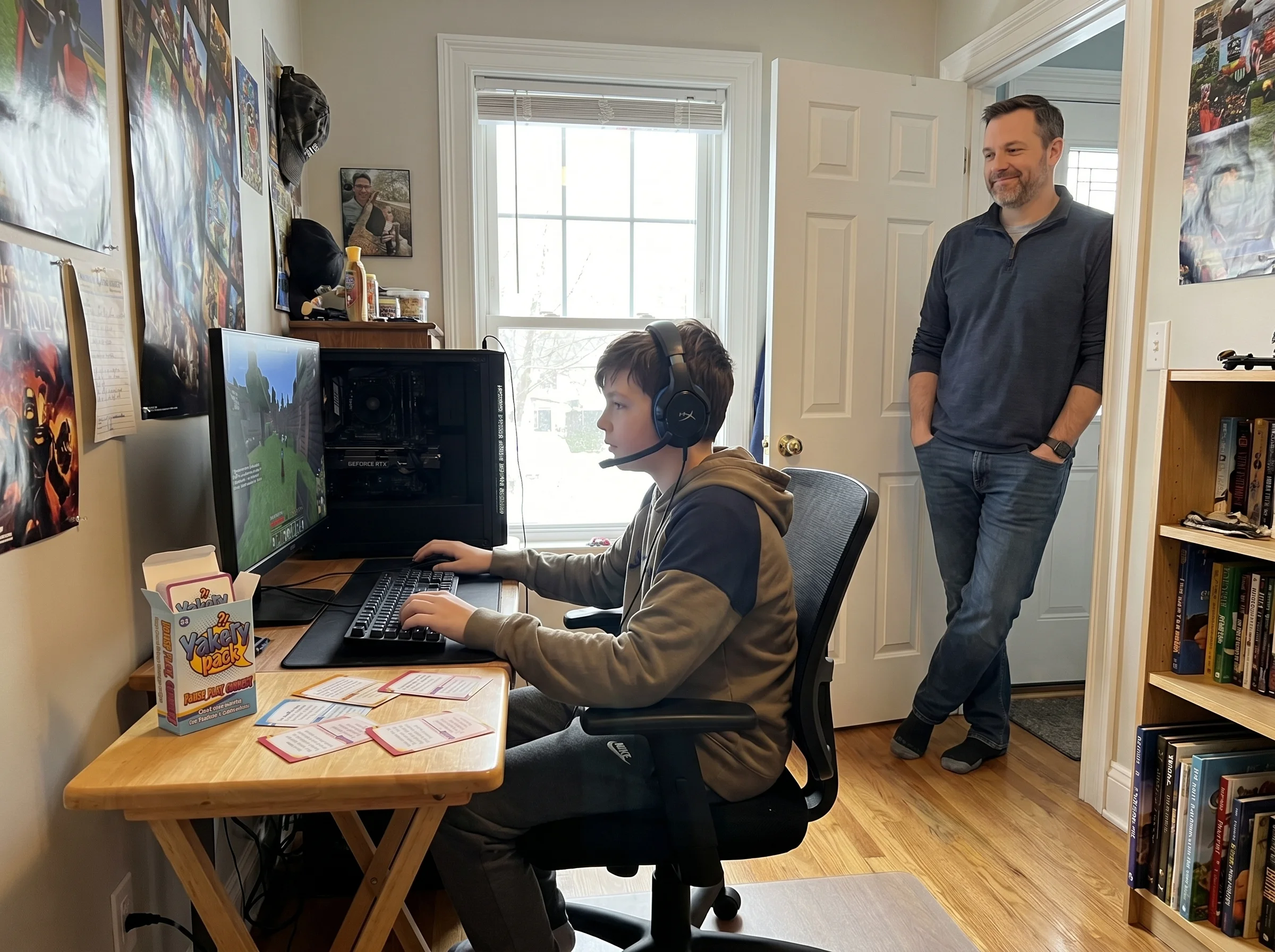 A middle school aged kid wearing a headset playing on a PC in a cozy bedroom, dad standing in the doorway watching with a sma