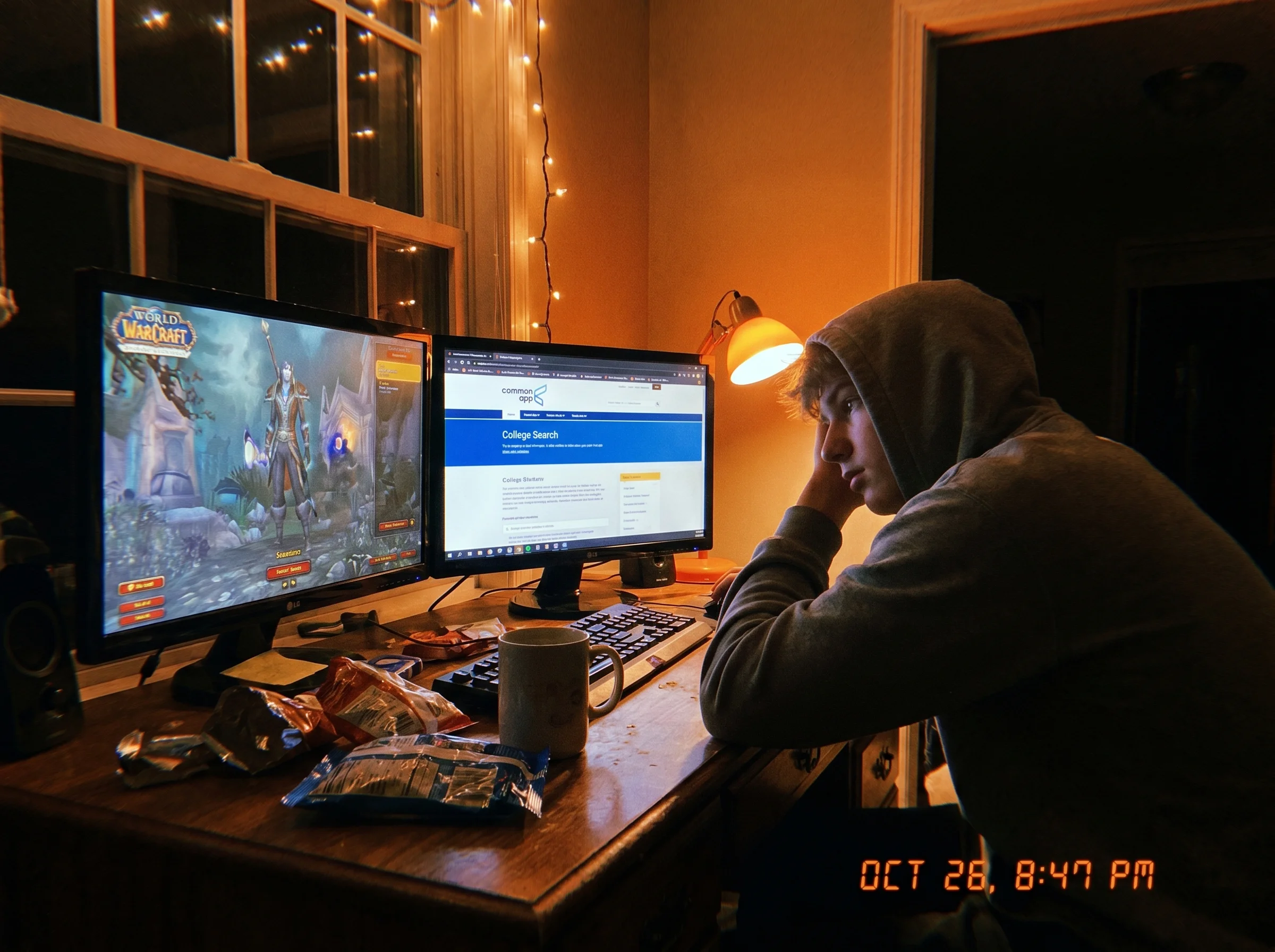 A teenager at a desk with two monitors, one showing a game and one showing a college application website, late evening glow