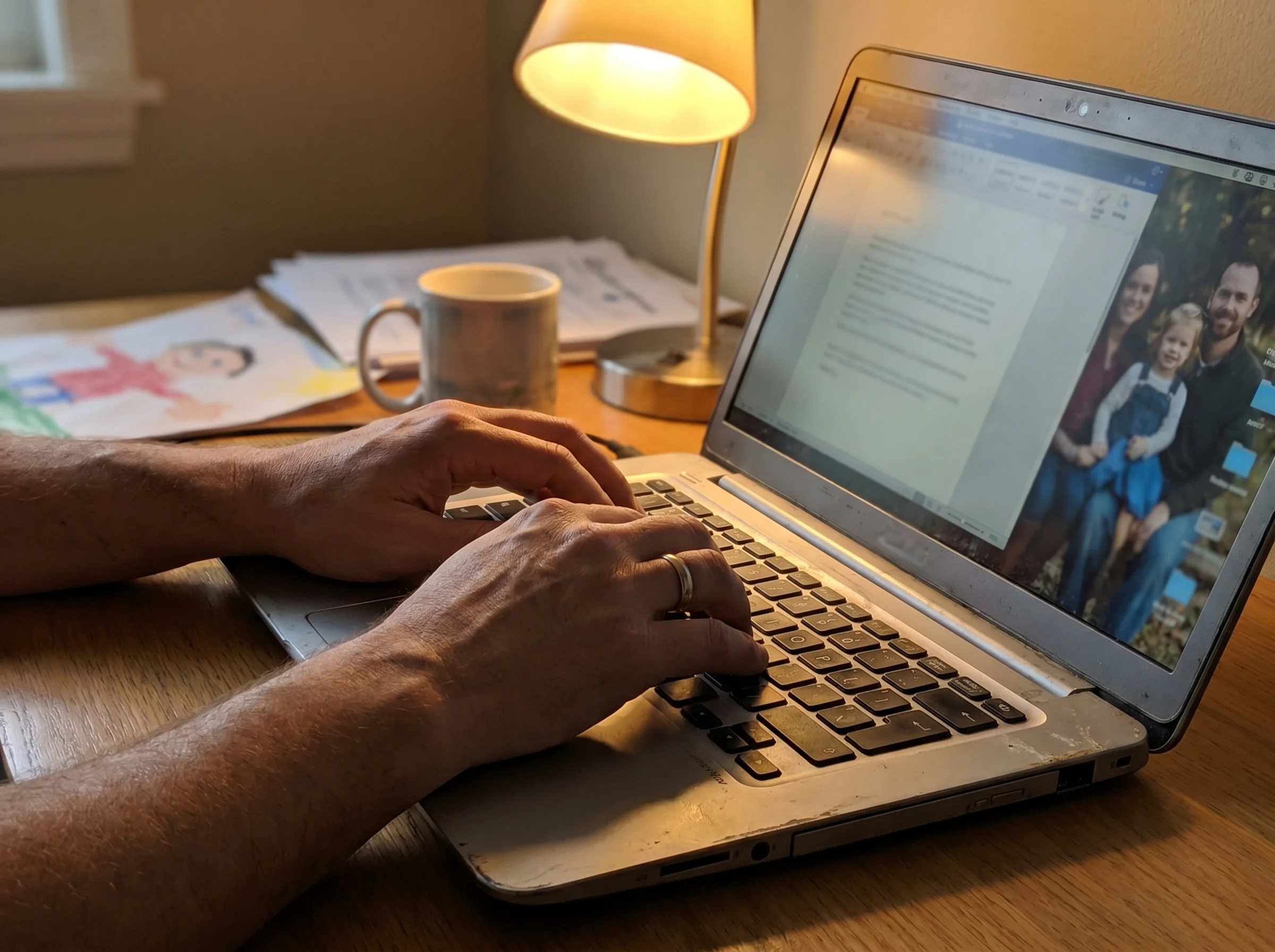 A close-up of hands typing on a laptop keyboard, screen slightly visible, warm desk lamp light