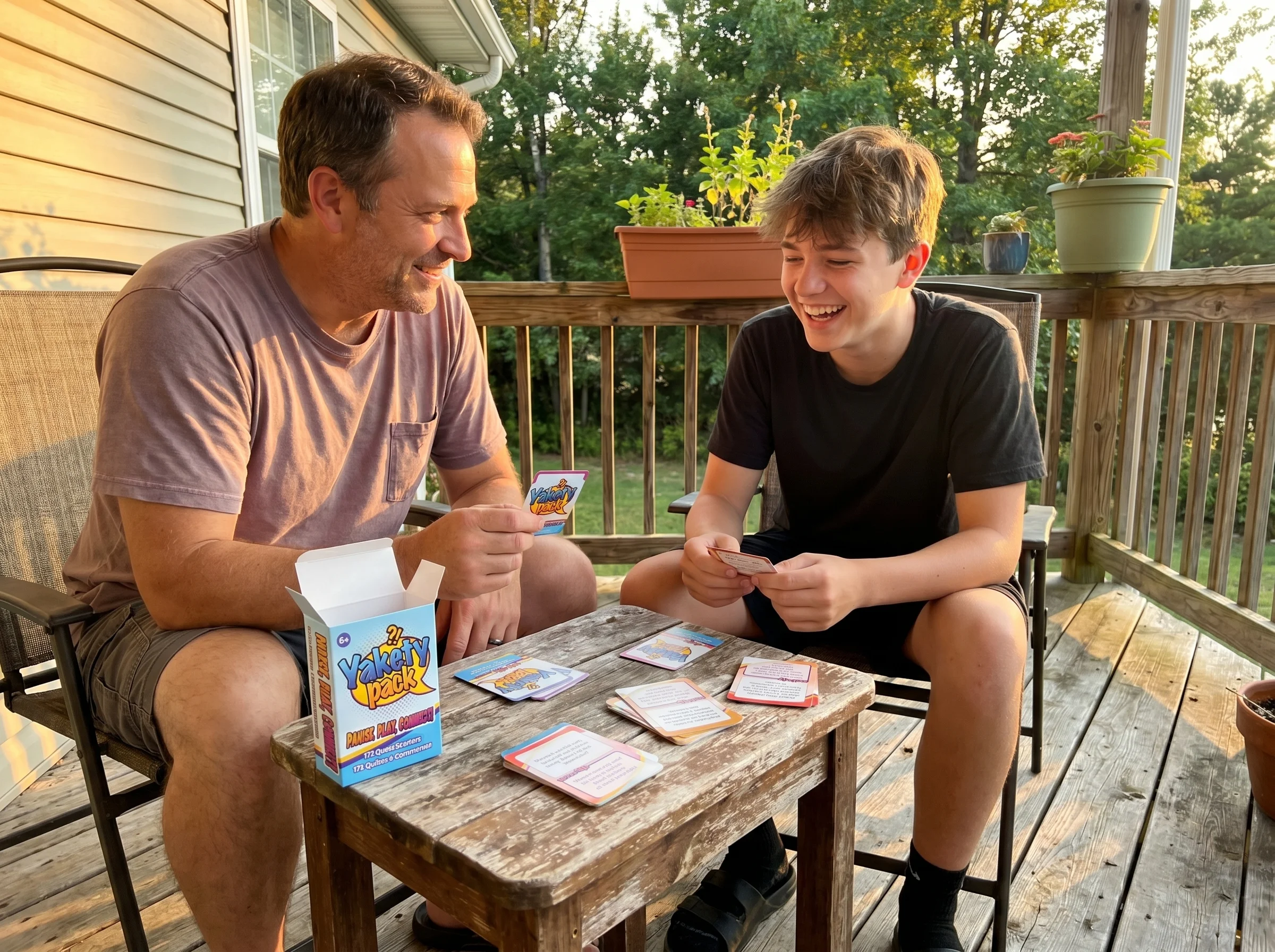 A father and teenage son sitting on a back porch in the evening, conversation cards spread on a small table between them, sof