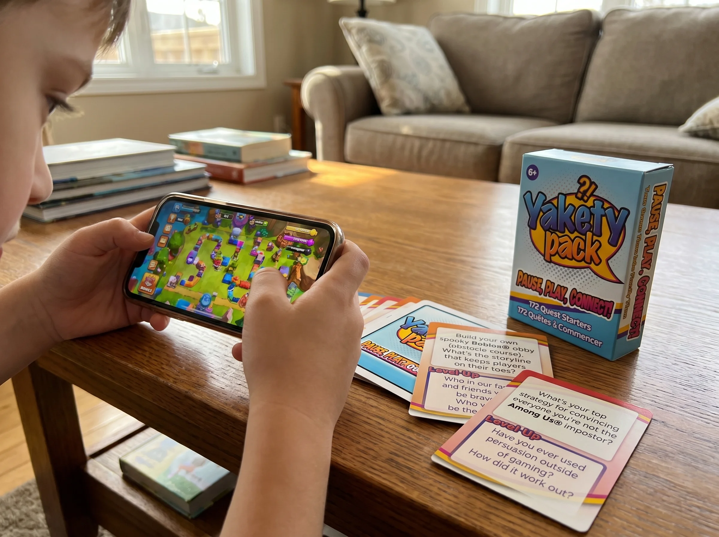 Close-up of a kid's hands holding a phone with a colorful strategy game on screen, slightly blurred deck of physical playing 