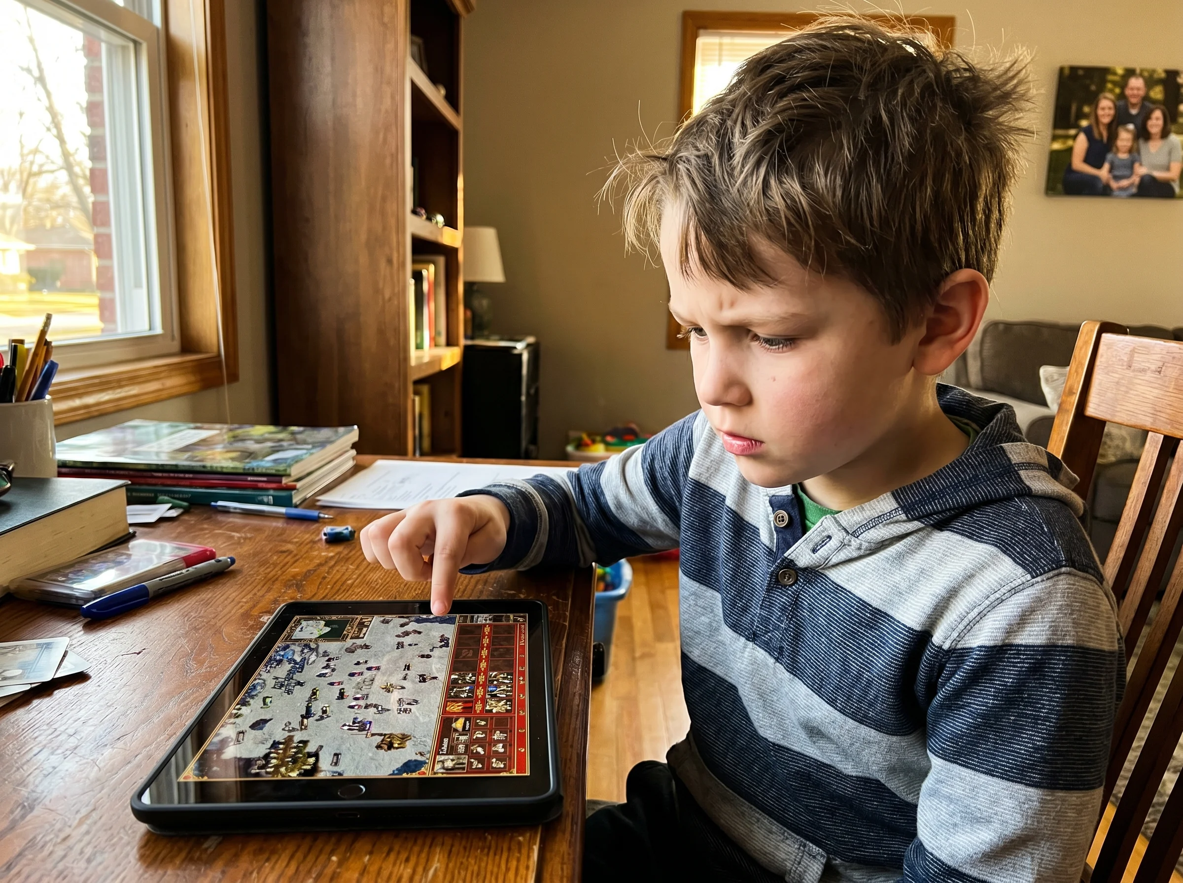 A boy mid-decision at a desk, brow furrowed, finger hovering over a tablet screen showing a strategy game in a tense moment