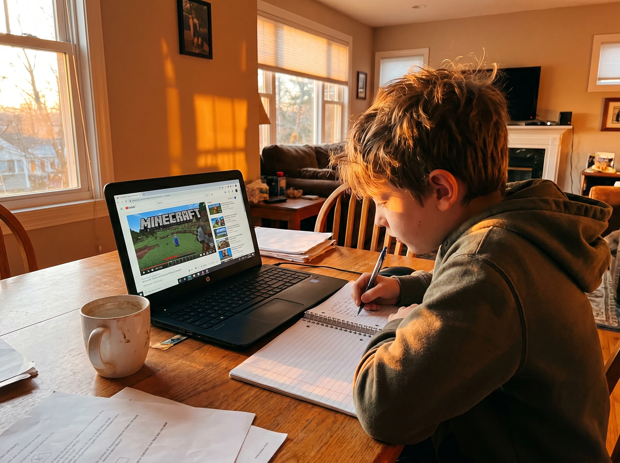 A kid watching a YouTube tutorial about a video game on a laptop, taking notes in a spiral notebook beside him, late afternoo