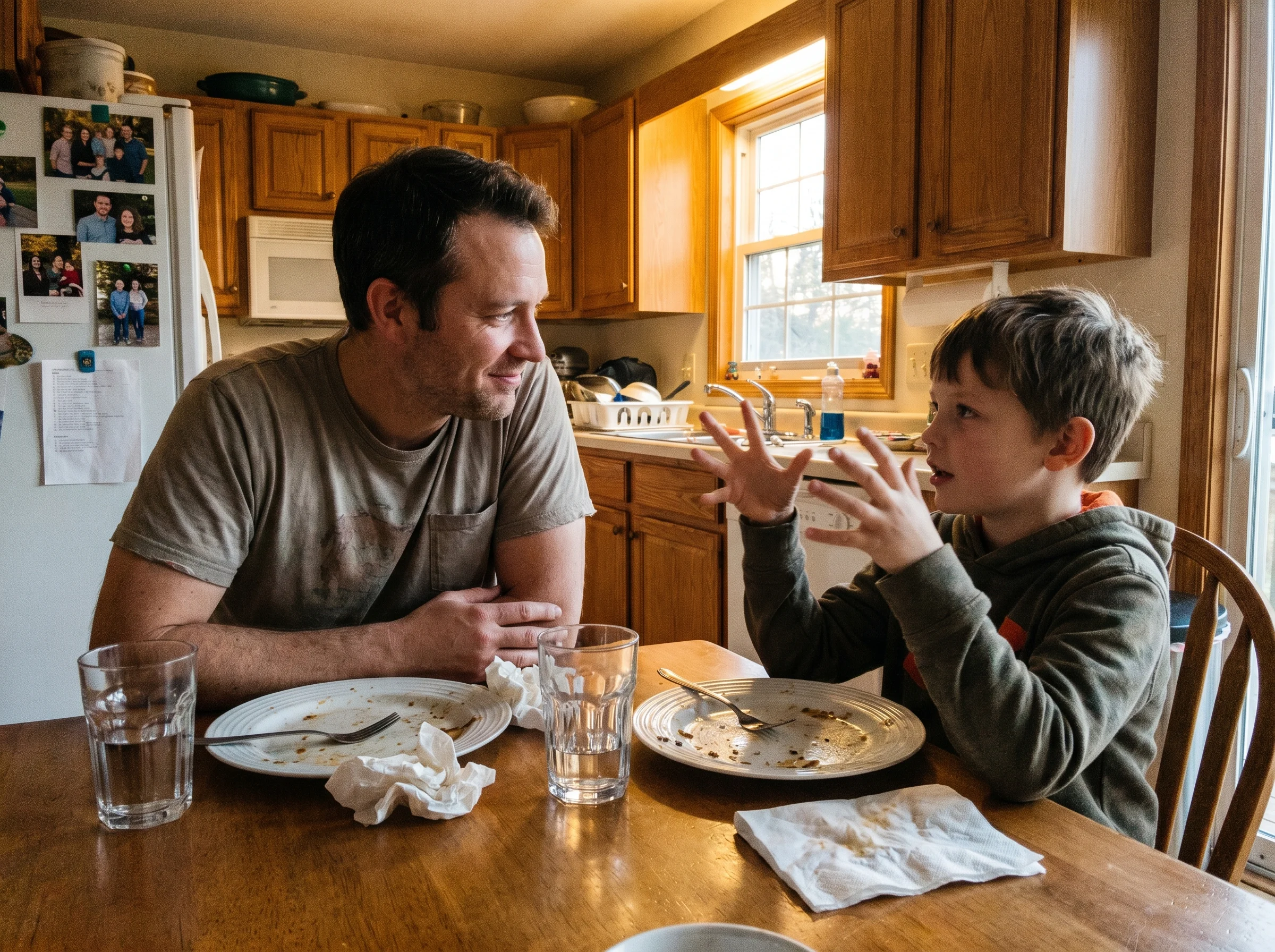 A dad and son sitting at the kitchen table after dinner, dad leaning in listening, son talking animatedly with his hands, pla