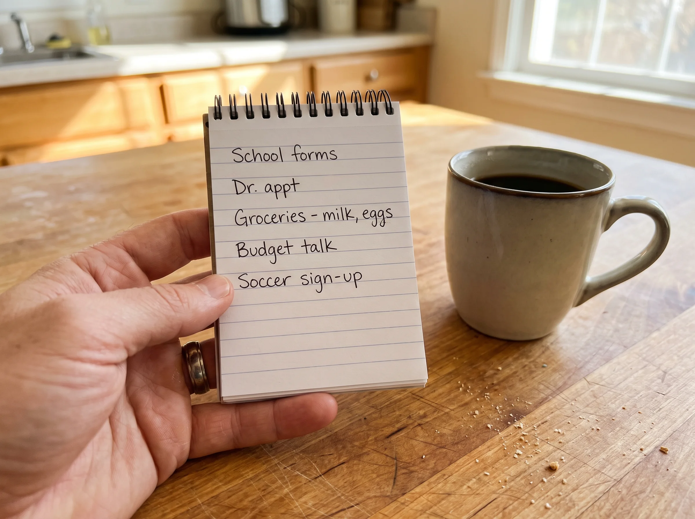 Close-up of a parent's hand holding a notepad with a handwritten list of concerns, coffee mug nearby, kitchen table in the ba