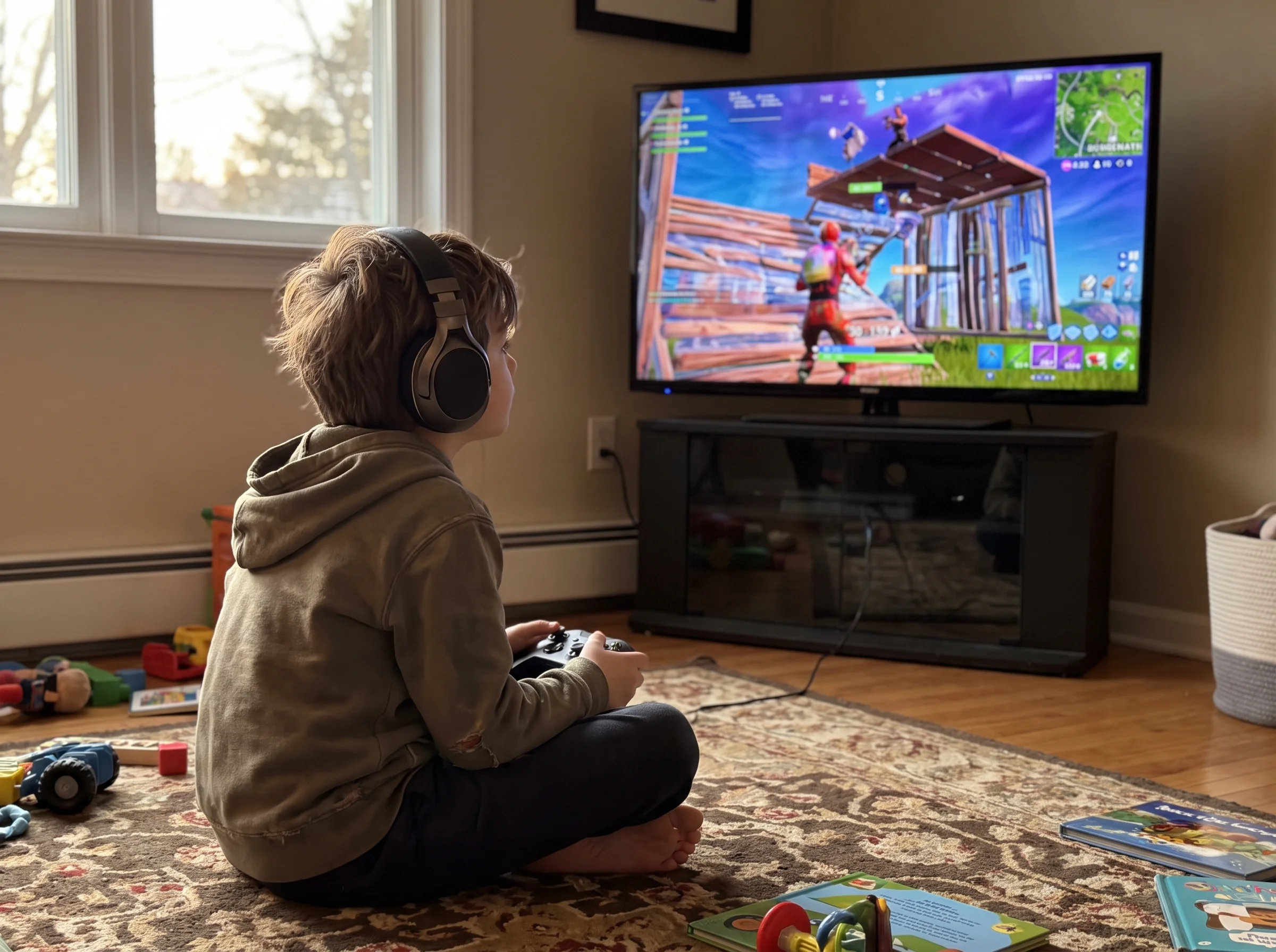 A kid sitting on the floor in front of a TV showing a colorful Fortnite match, headphones on, leaning forward focused on the 