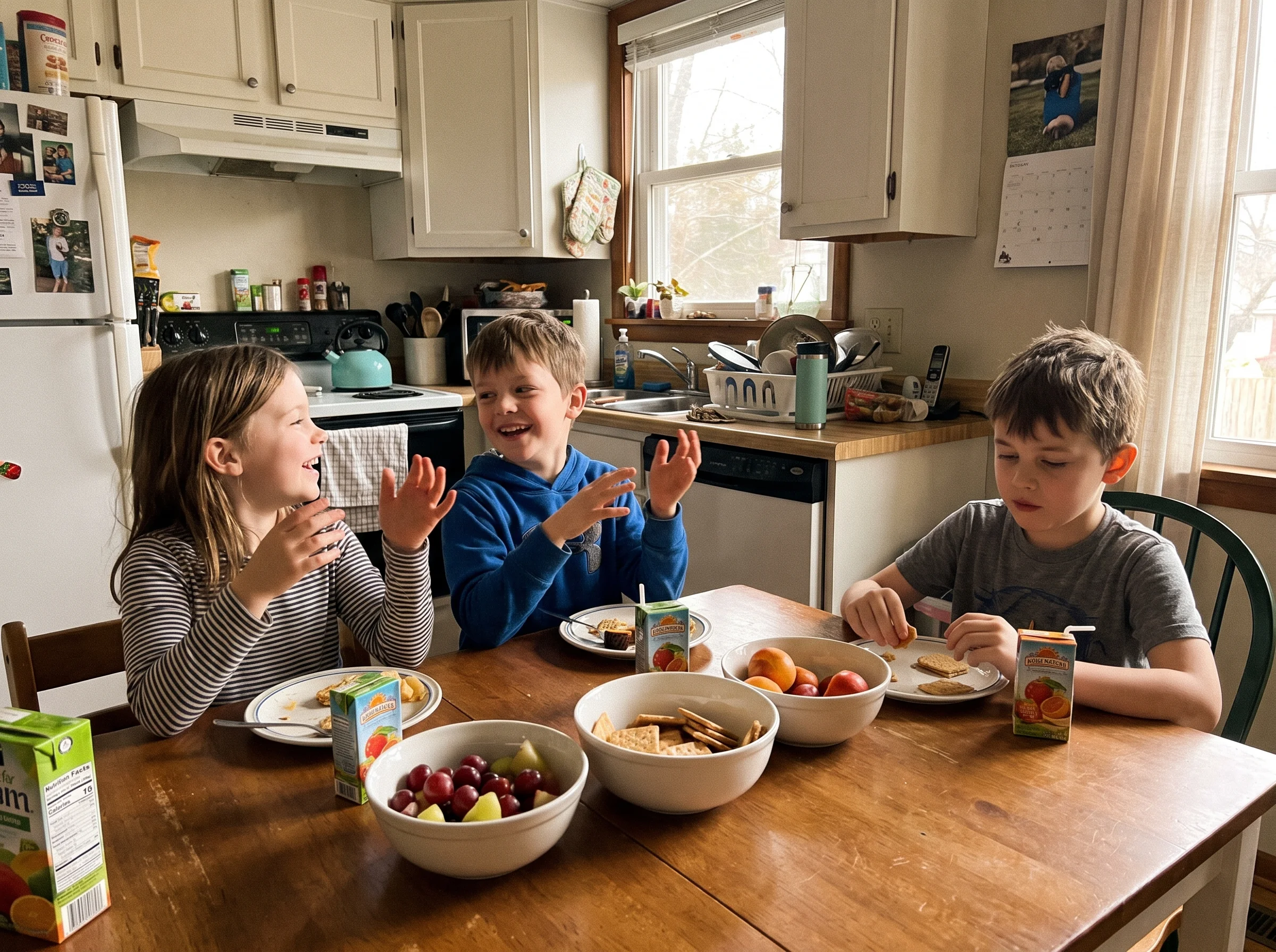 Three kids at a kitchen table eating snacks and talking animatedly, one kid sitting slightly apart looking down at his plate