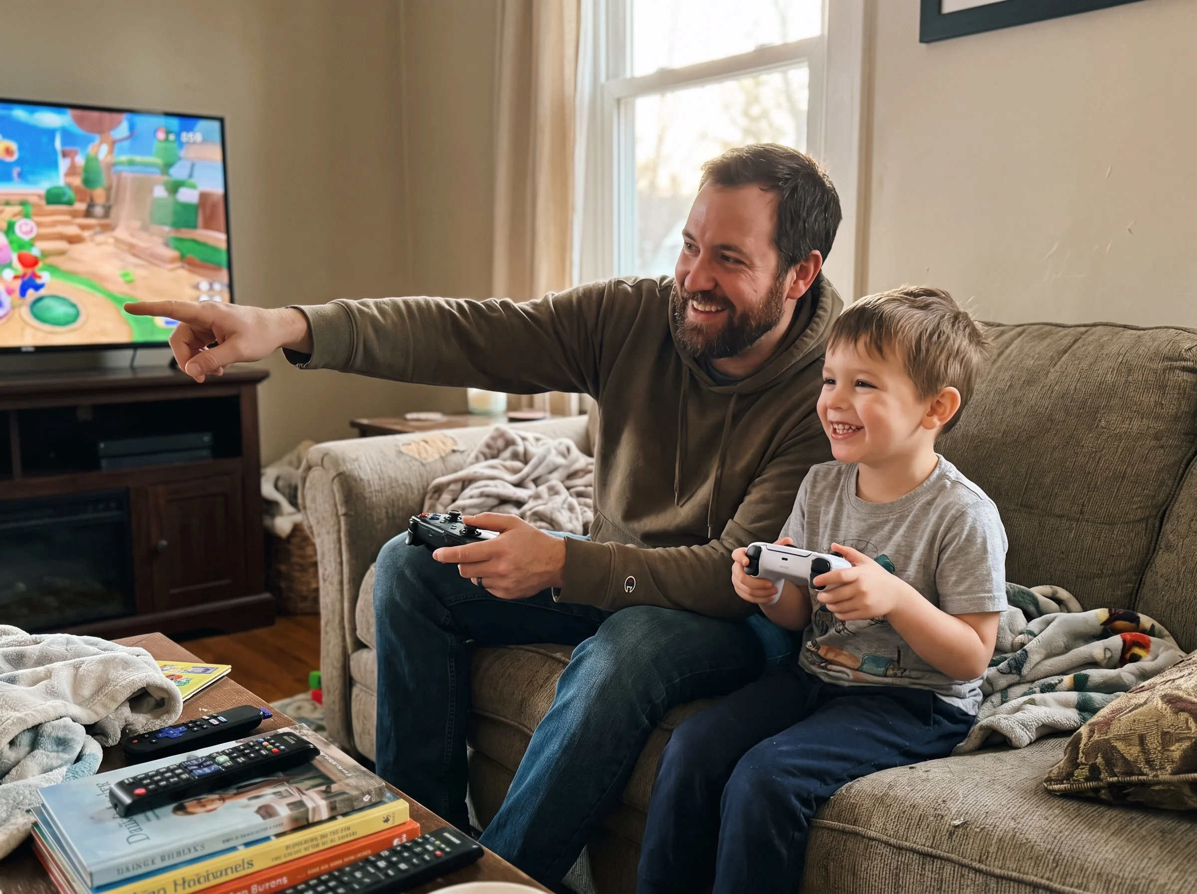 A dad and son sitting shoulder to shoulder on a couch, both holding controllers, the dad pointing at something on the screen,