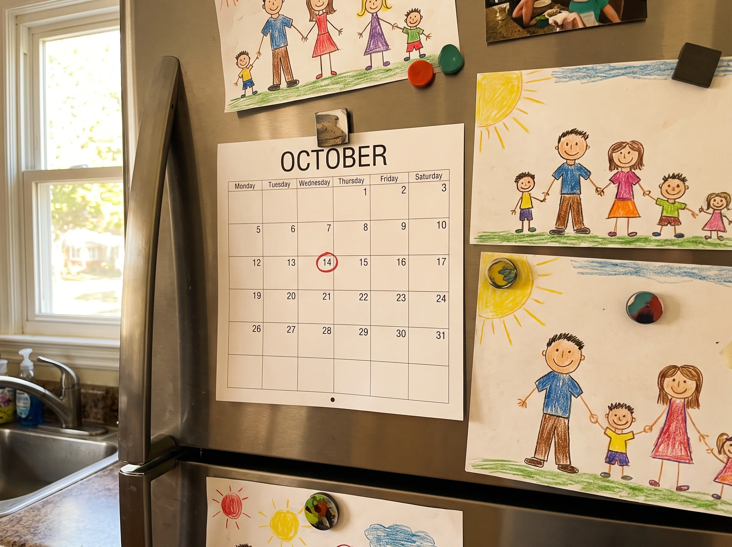 A calendar on a fridge with a date circled in marker, a few kid drawings stuck around it with magnets