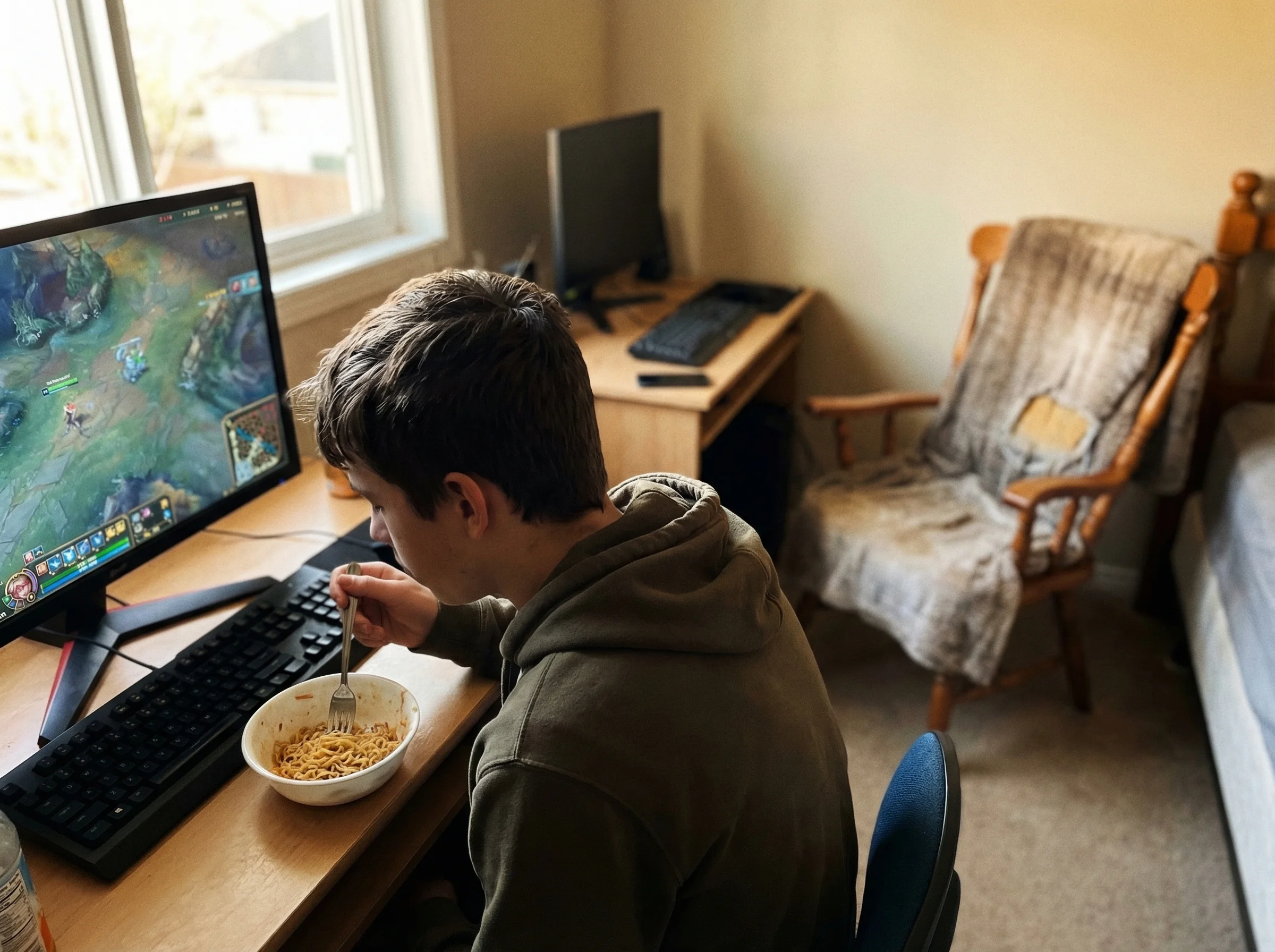 A teenager eating alone at his desk while gaming, empty chair visible in the background where his brother used to sit