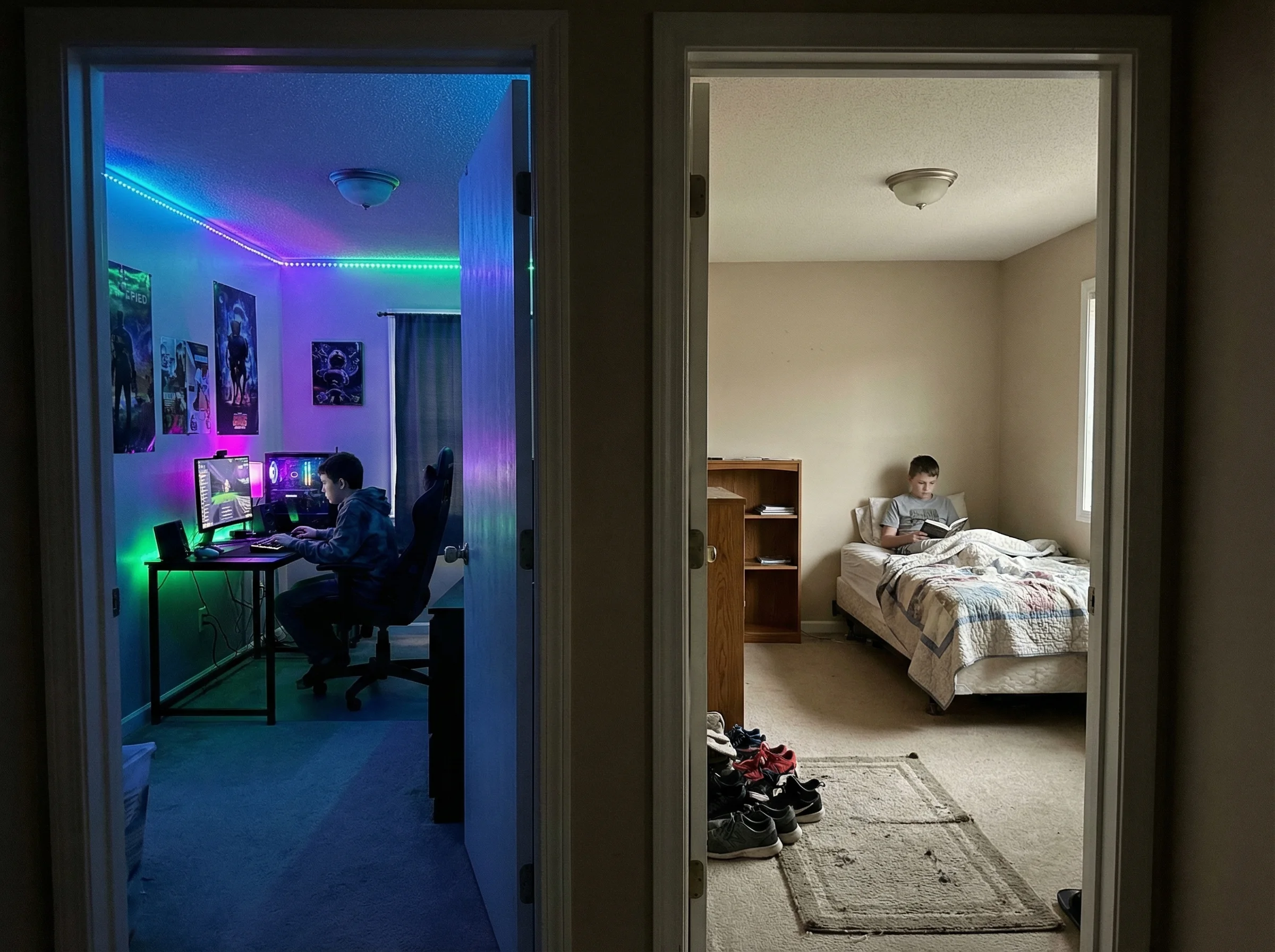 Two boys' bedrooms visible through an open hallway, one with RGB gaming lights, the other deliberately plain, showing their a