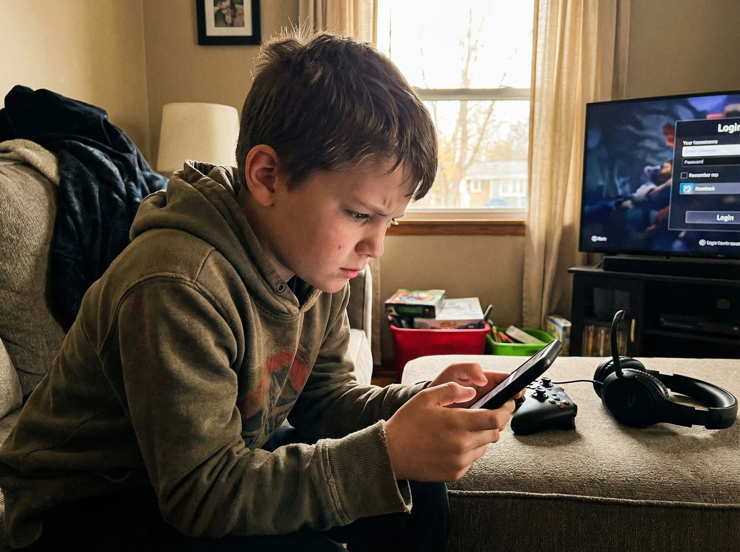 A kid checking his phone to see if his brother is online before logging into a game, anxiety visible on his face