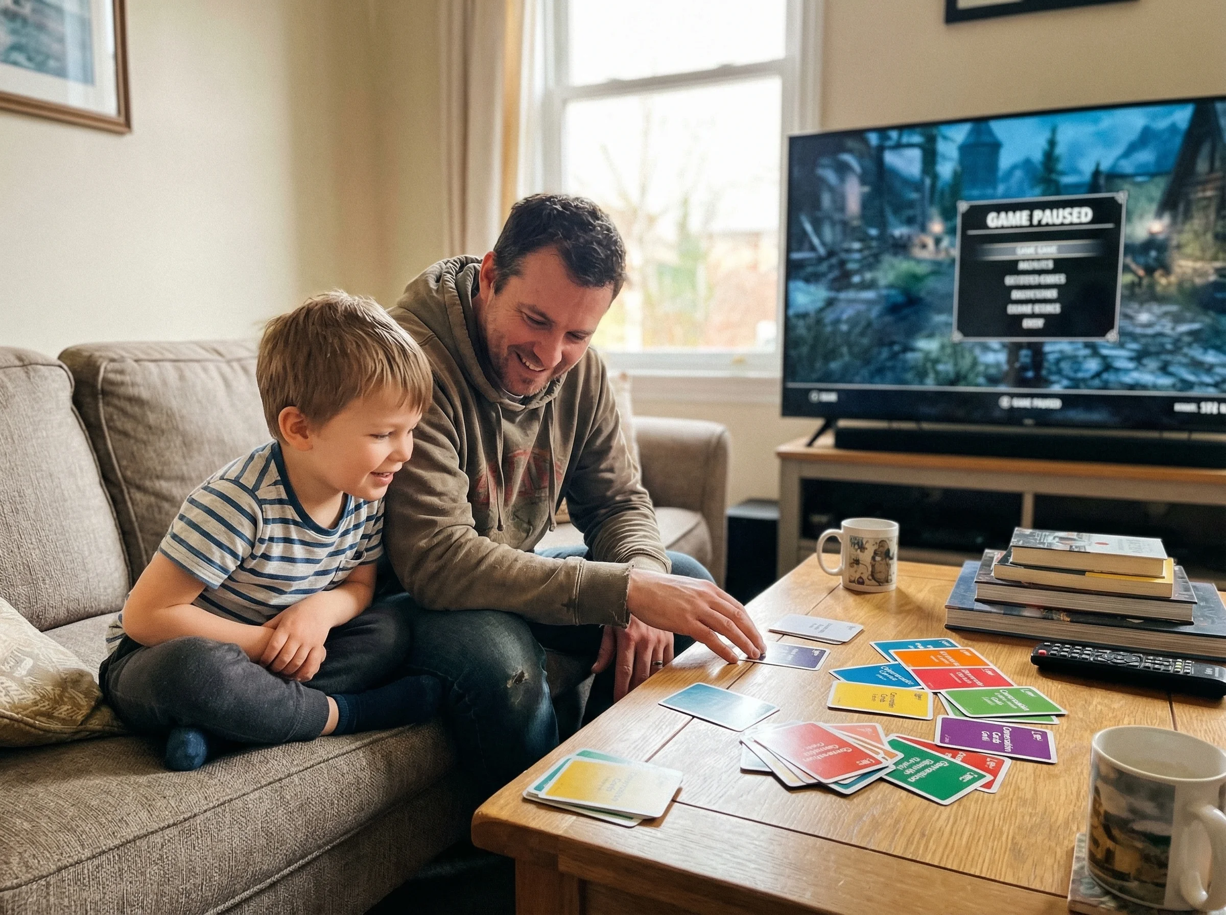 A dad and son sitting on a couch, conversation cards spread on the coffee table, game paused on the TV in background