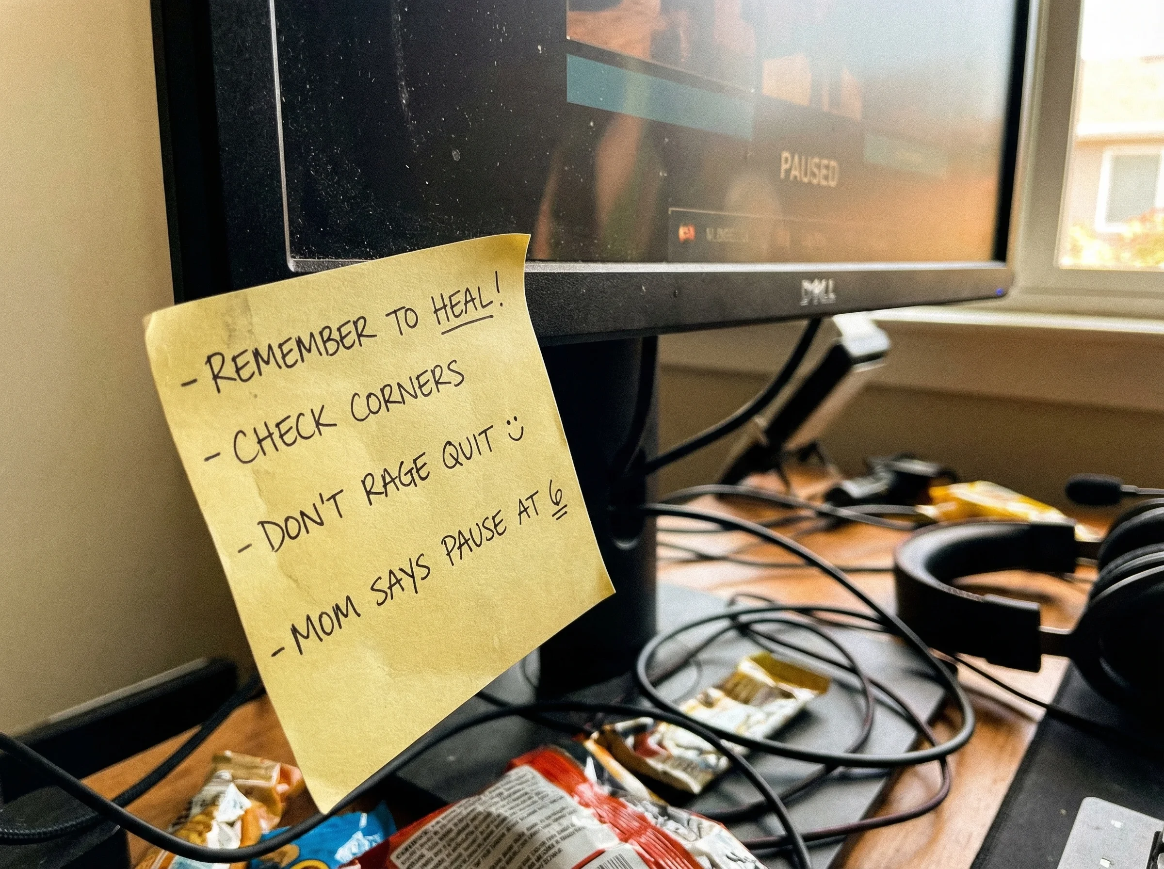 A sticky note with game tips written in teenage handwriting, stuck to a gaming monitor