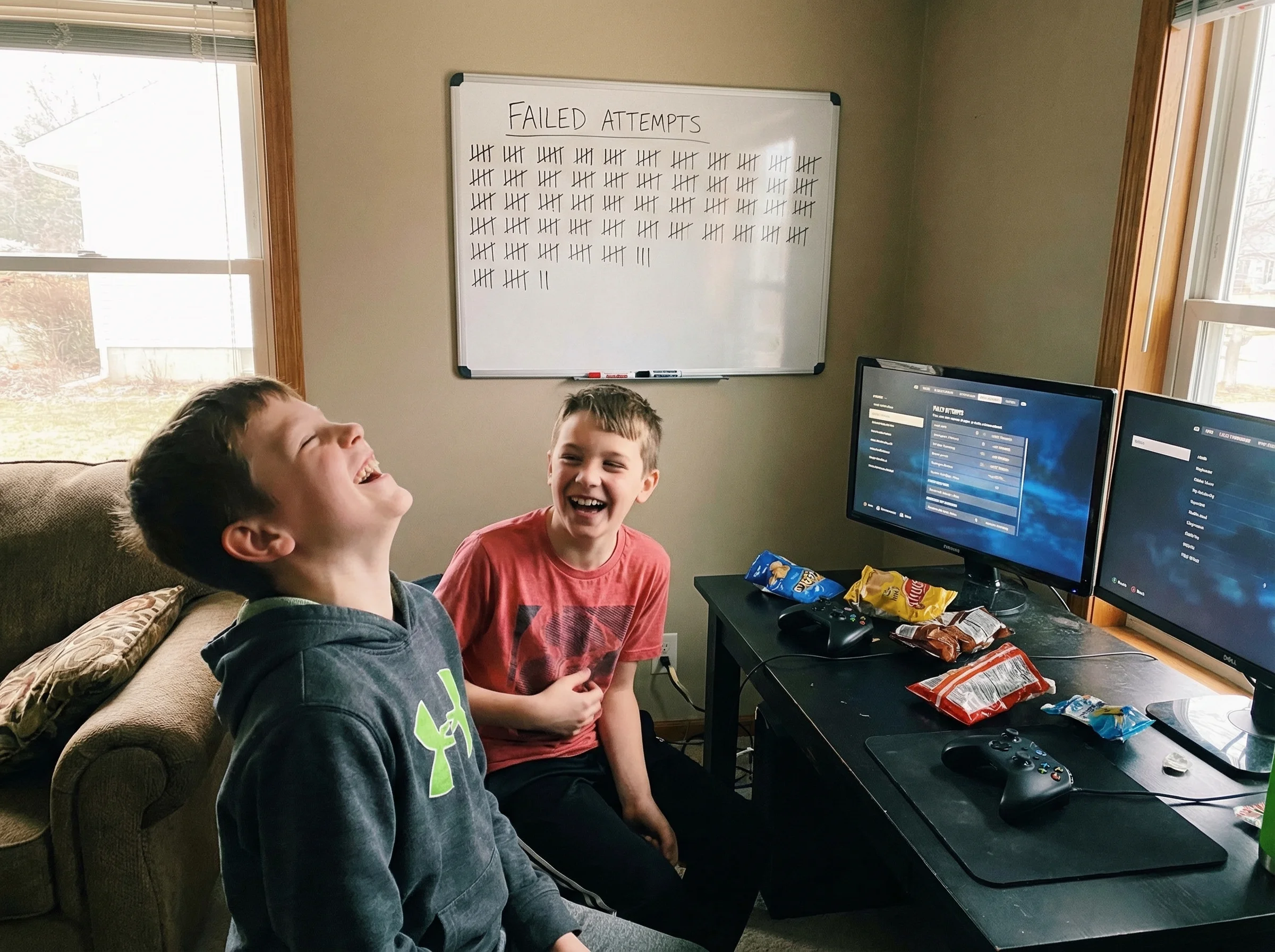 Two boys laughing together at their gaming setup, multiple failed attempt tallies visible on a whiteboard behind them